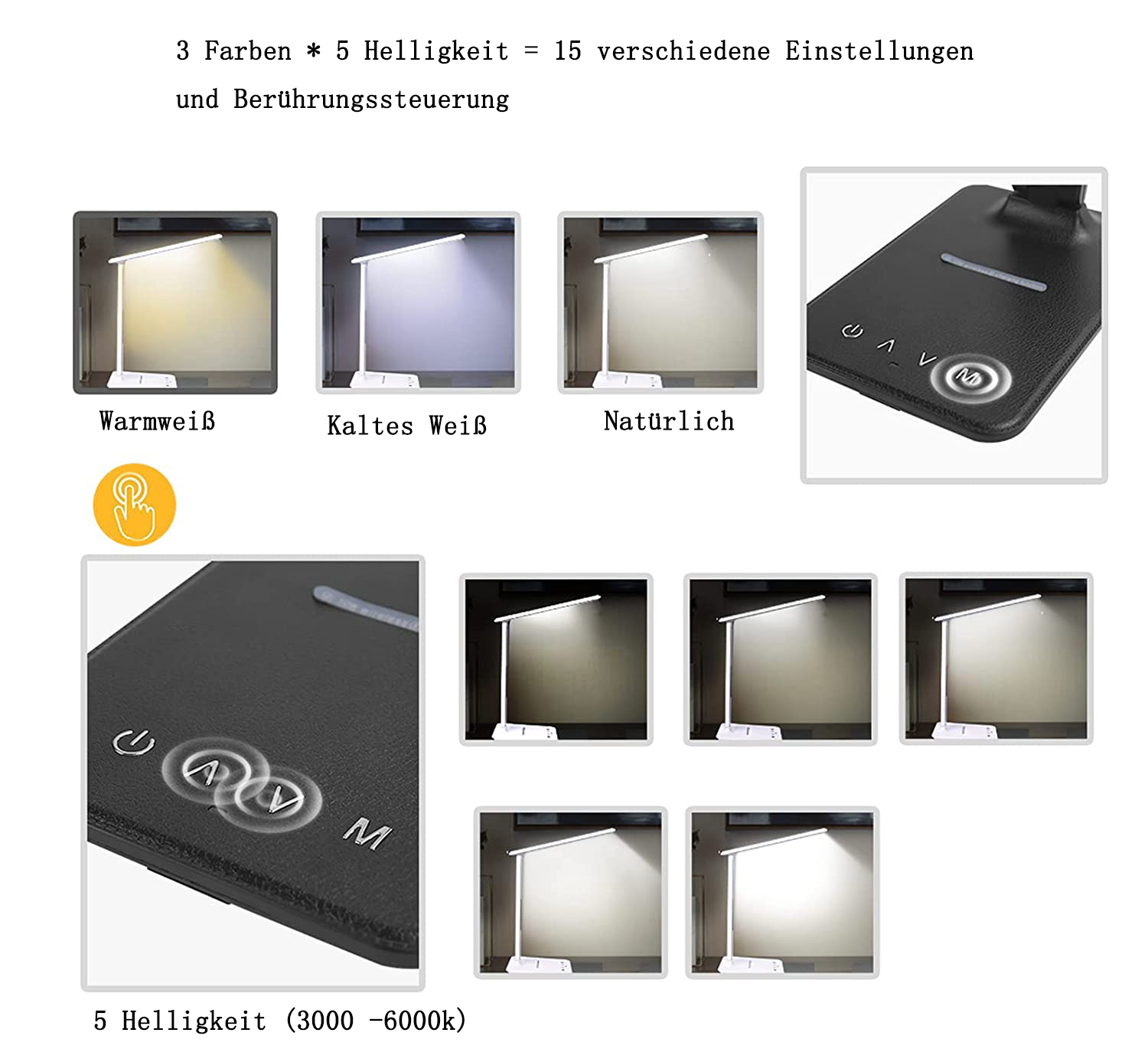 Mehrere Bilder einer Schreibtischlampe mit verschiedenen Helligkeits- und Farbeinstellungen.