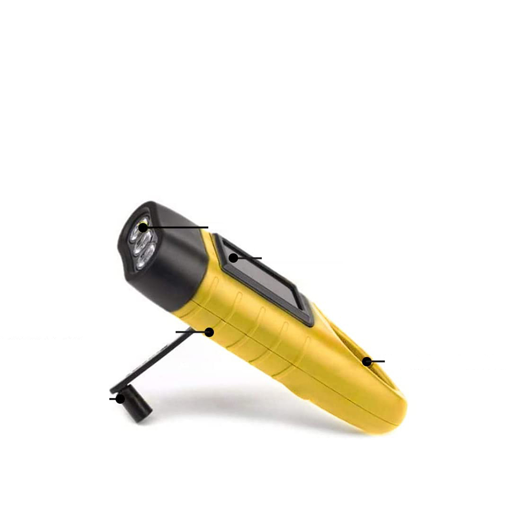 Eine gelbe Taschenlampe mit Solarpanel, Griff und Ladeanschluss.