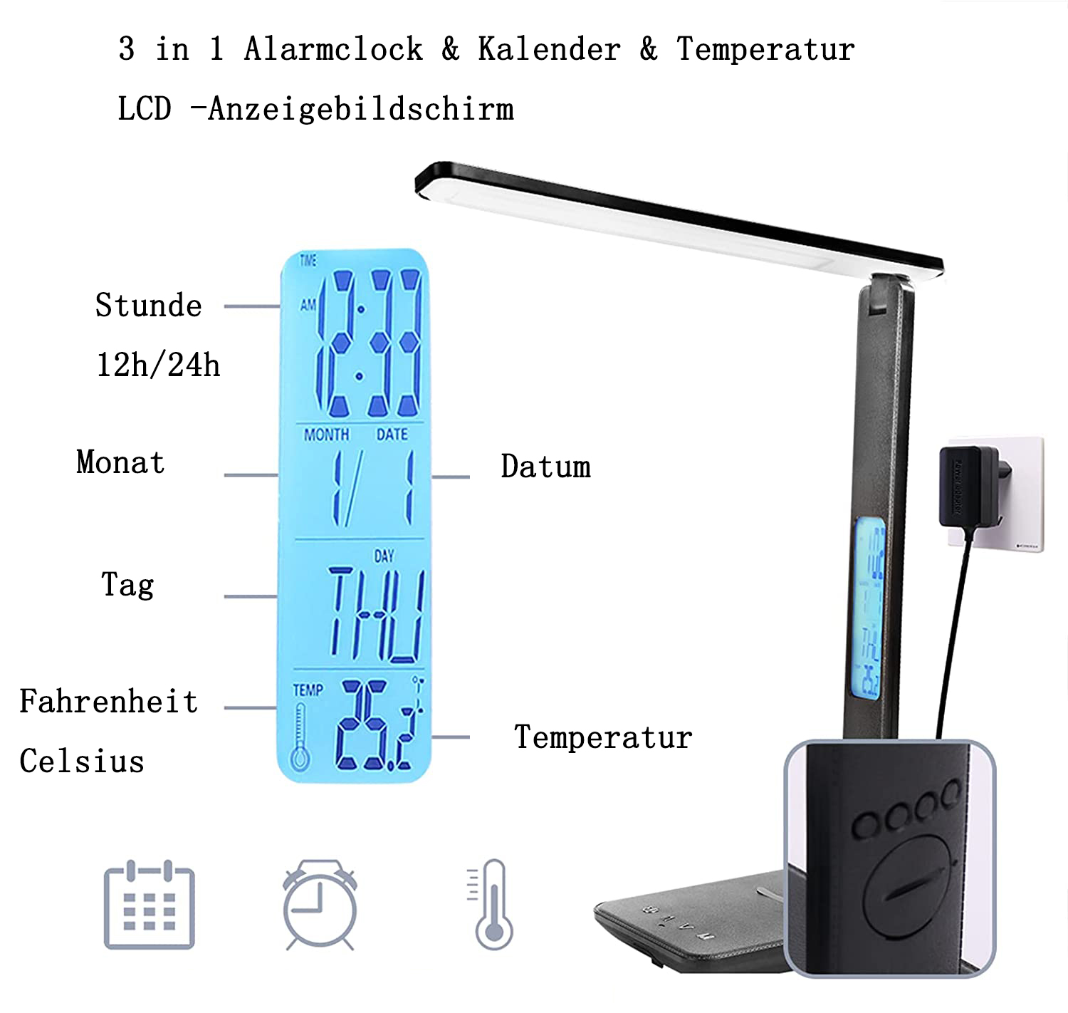 Schwarze Schreibtischlampe mit LCD-Anzeige für Zeit, Datum und Temperatur. Sie hat eine Ladebasis.
