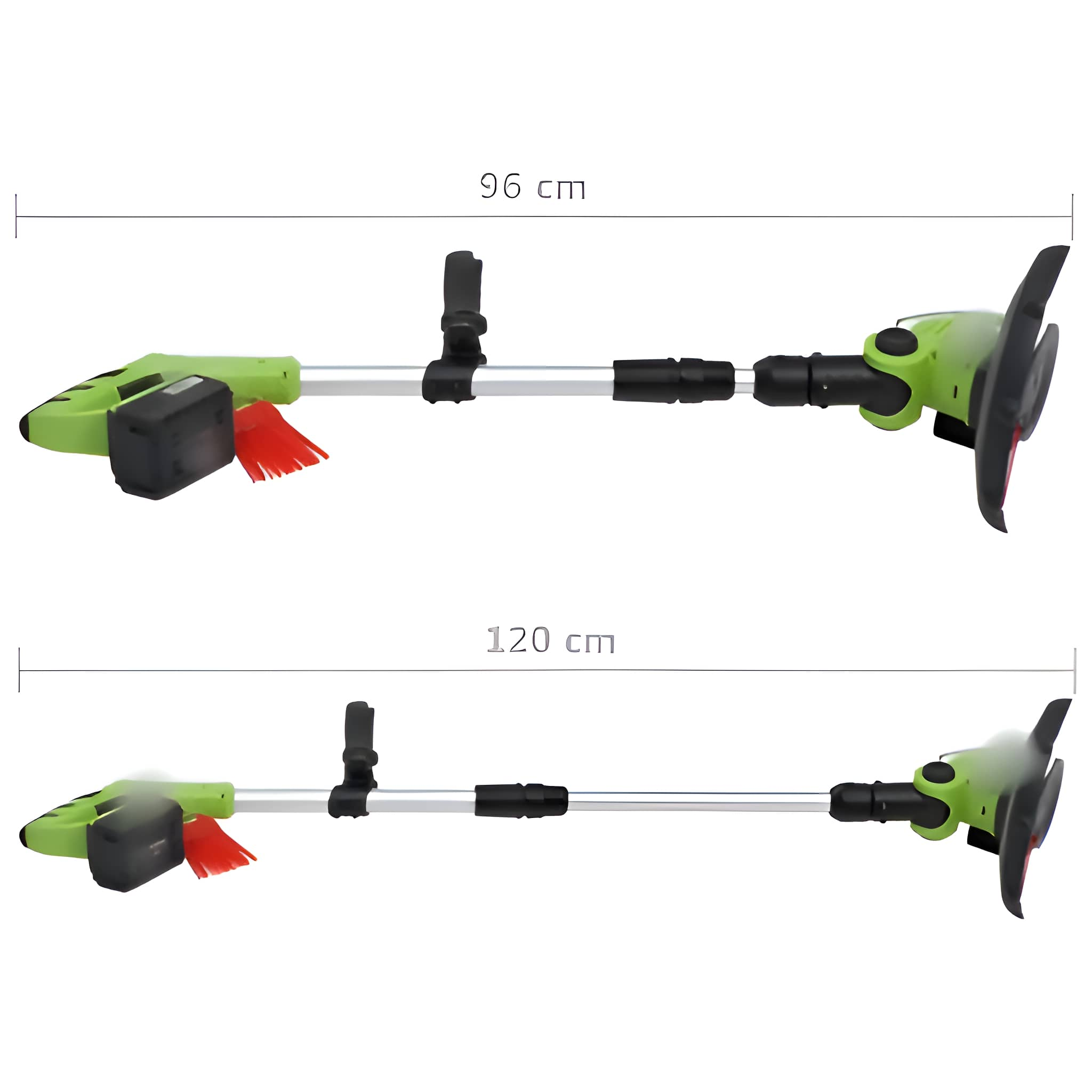 Elektrischer Rasentrimmer, grün und silber, mit Abmessungen von 96 cm und 120 cm.