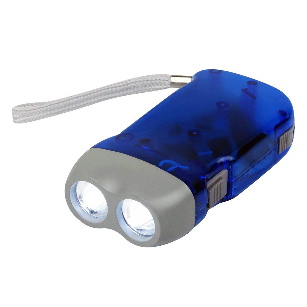 Eine blaue Taschenlampe mit zwei Lichtern. Sie hat einen grauen Griff und einen weißen Riemen.