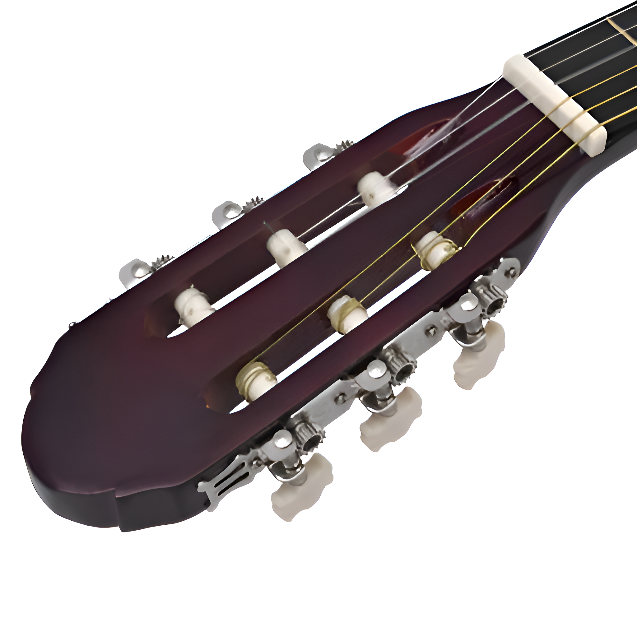 Nahaufnahme einer Gitarrenkopfplatte. Die Kopfplatte ist dunkelbraun mit Stimmwirbeln.