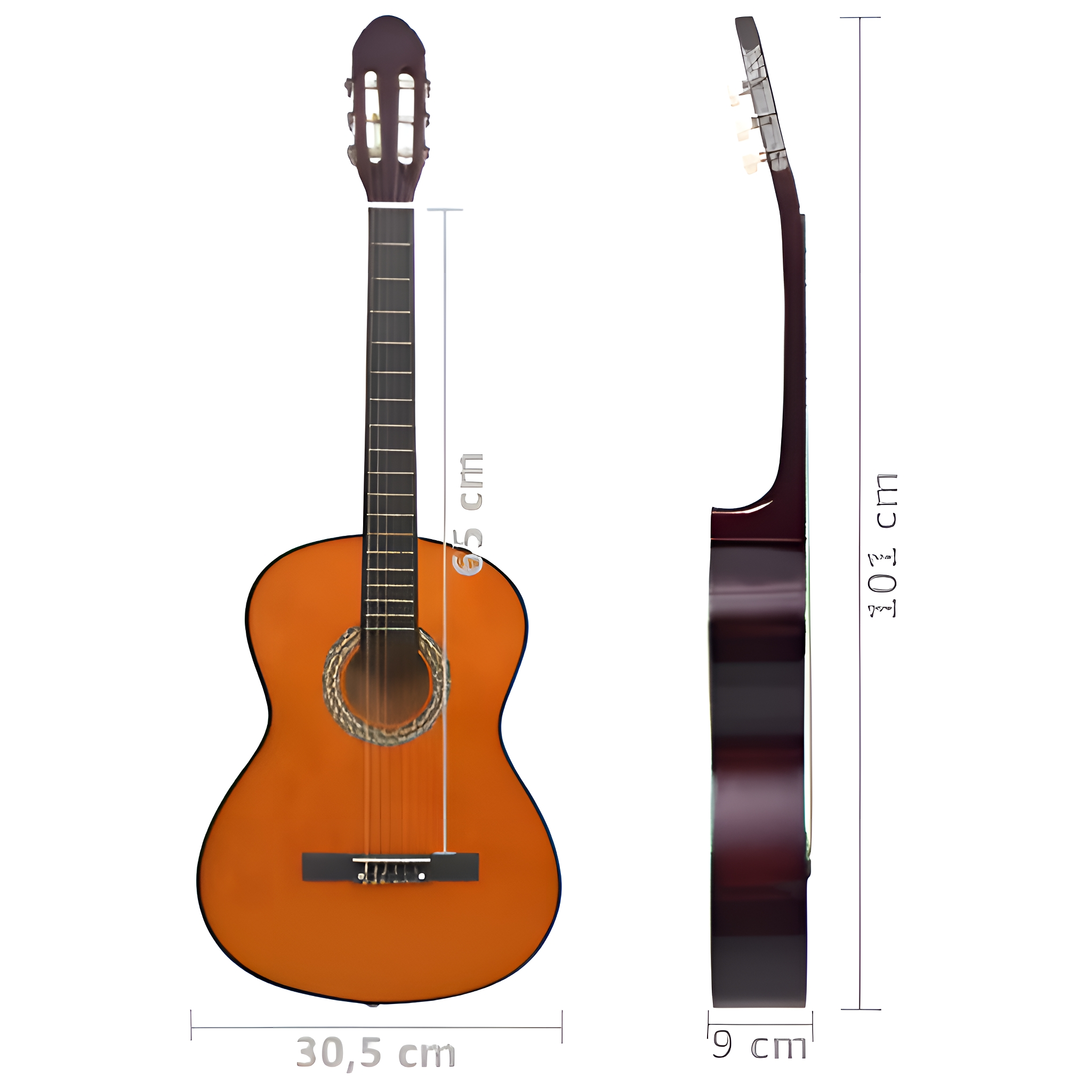 Klassische Gitarre mit Maßen: 103cm Höhe, 30,5cm Breite, 9cm Tiefe, 65cm Korpus.