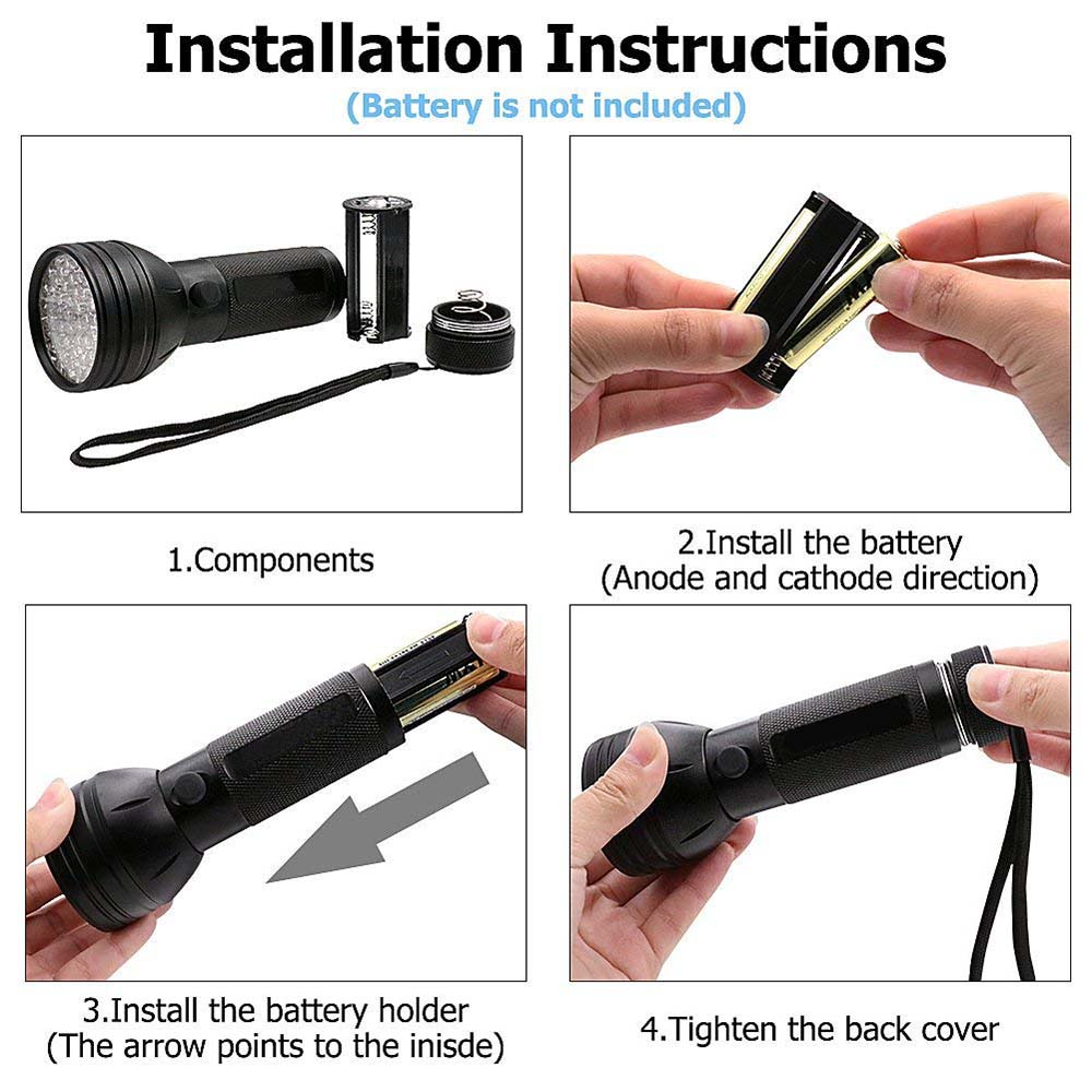 Installationsanleitung für eine Taschenlampe, die die schrittweise Montage mit Batterieeinsatz zeigt.