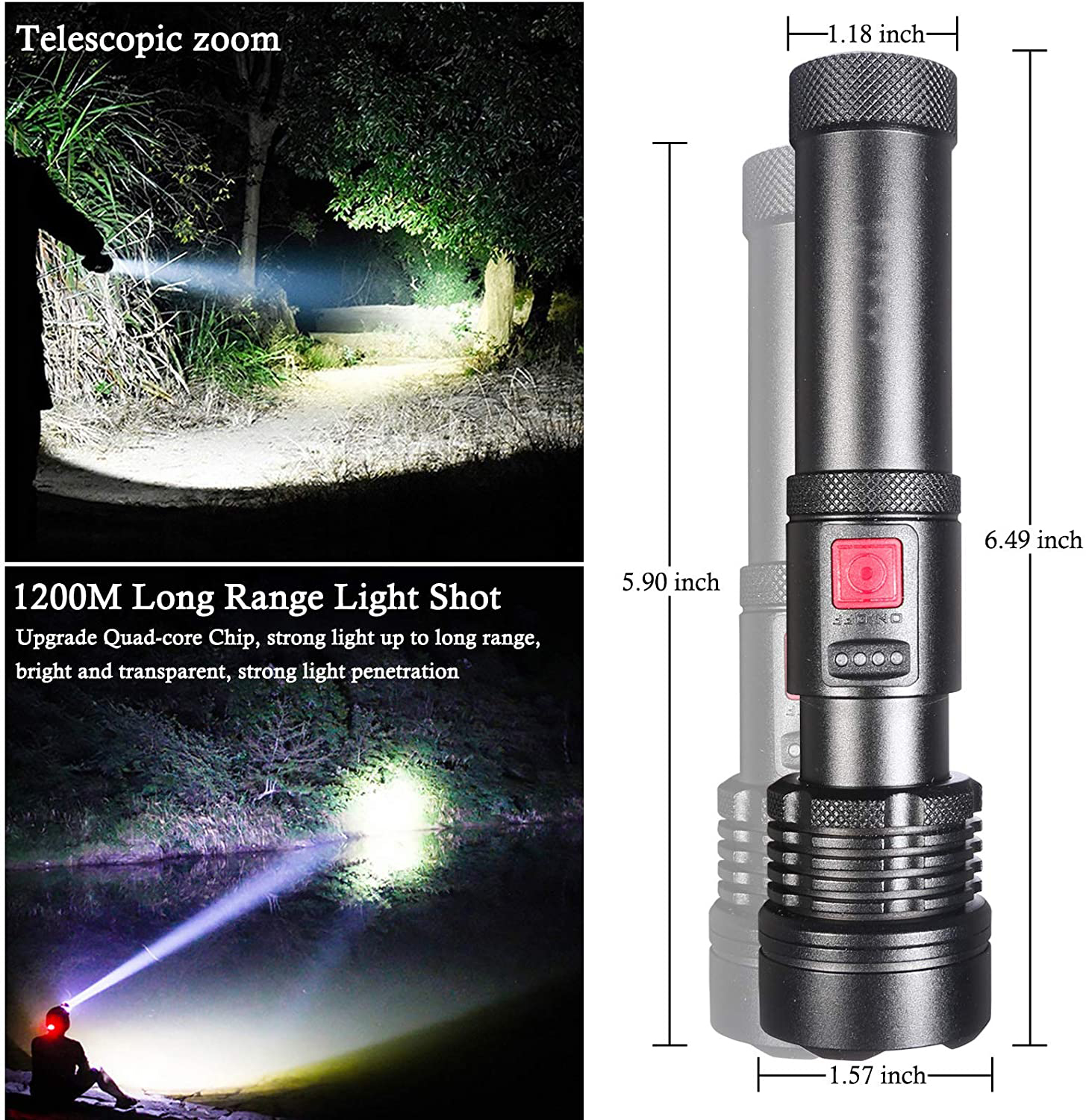 Schwarze Taschenlampe mit Abmessungen, Lichtstrahl in Wald und Wasser, Hervorhebung ihrer Funktionen.