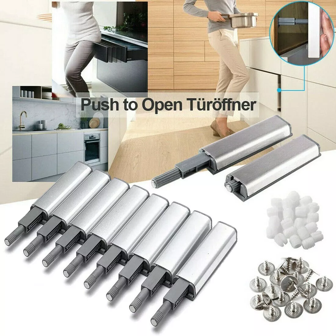 Push-to-Open-Türöffner mit einer Frau, die sie benutzt.