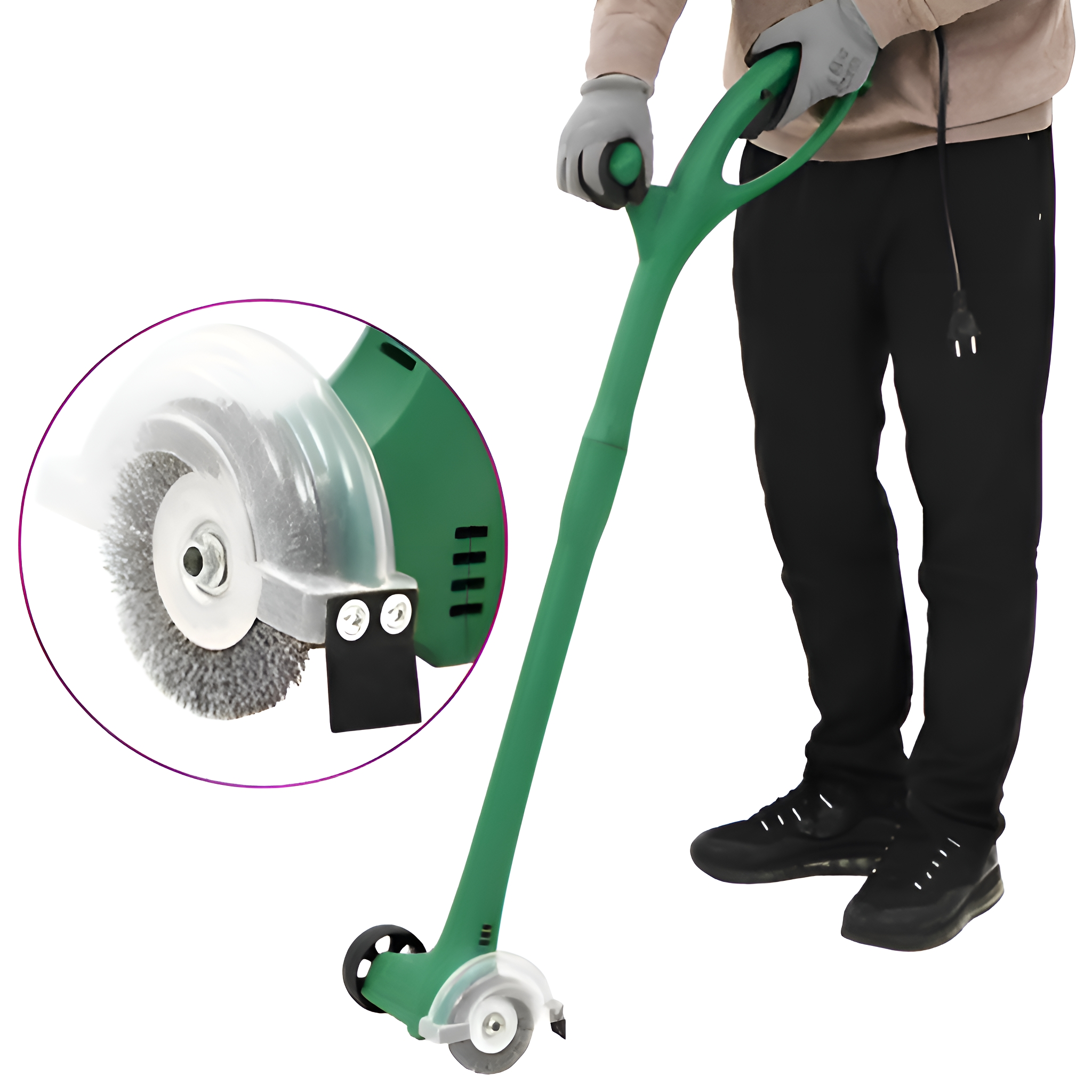 Ein Mann hält ein Kantenschneidwerkzeug. Die Kante ist grün mit einer rotierenden Bürste. Schwarze Hose und Schuhe.