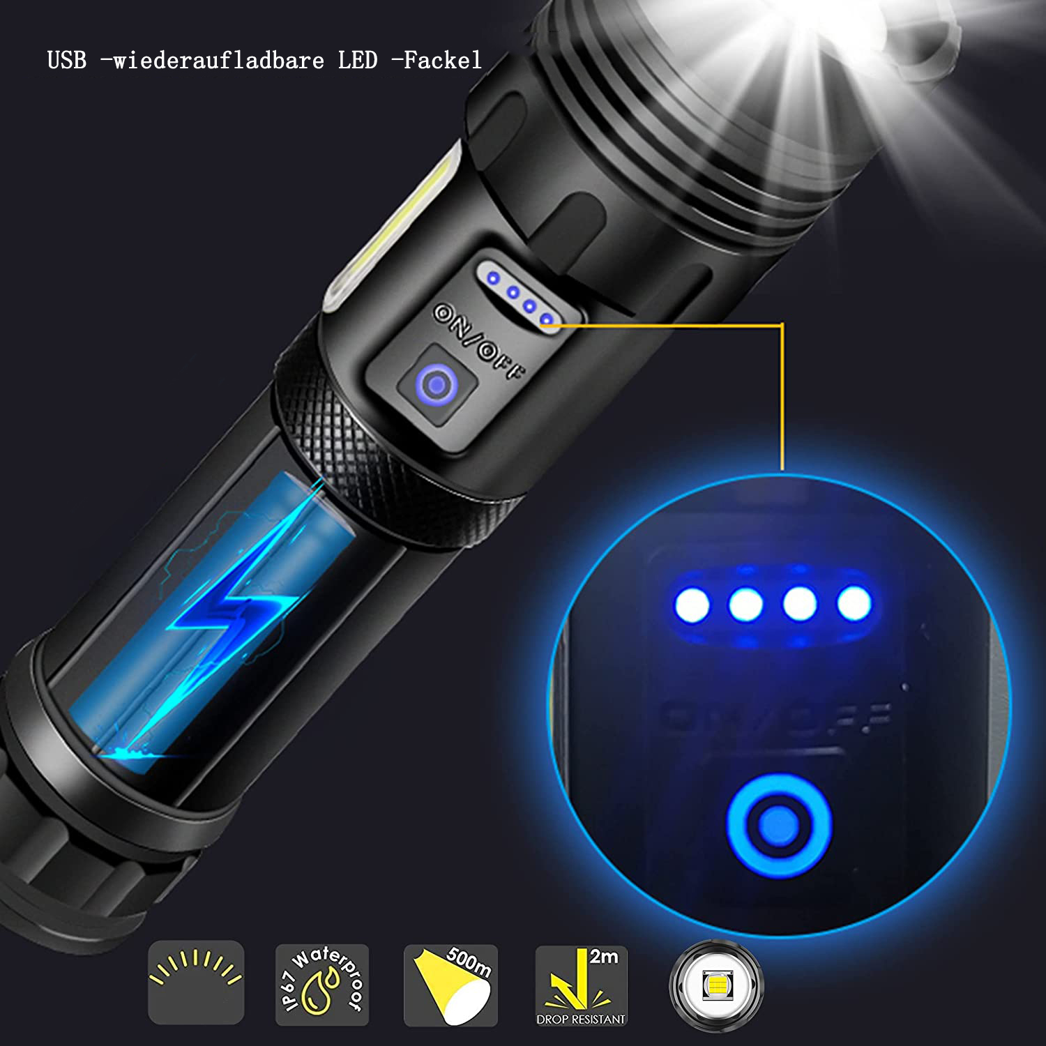 Schwarze Taschenlampe mit blauer Lichtanzeige. Sie hat einen Ein-/Aus-Schalter und eine Ladezustandsanzeige.