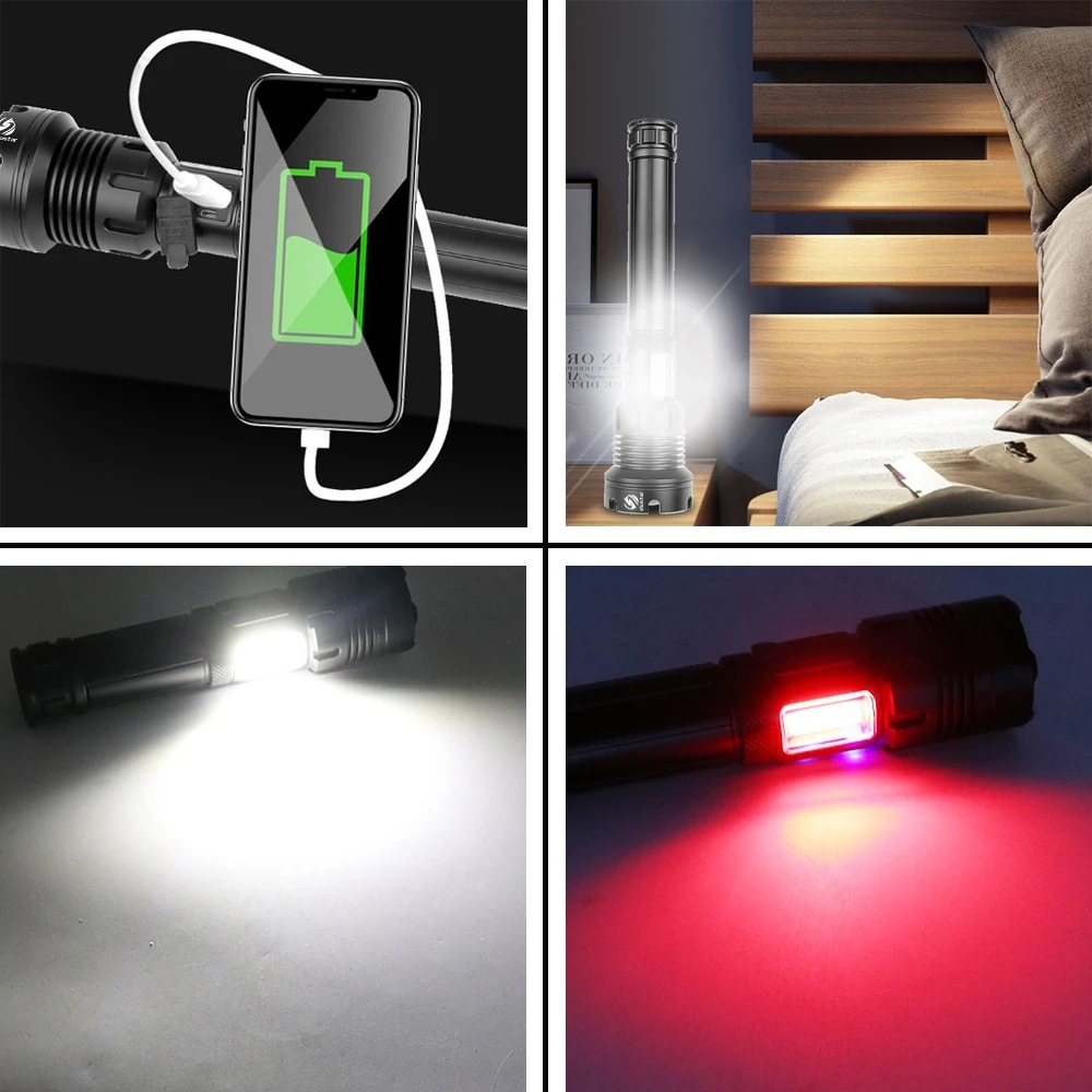 Vier Bilder, die eine Taschenlampe zeigen, die ein Telefon lädt, einen Raum beleuchtet und verschiedene Modi.