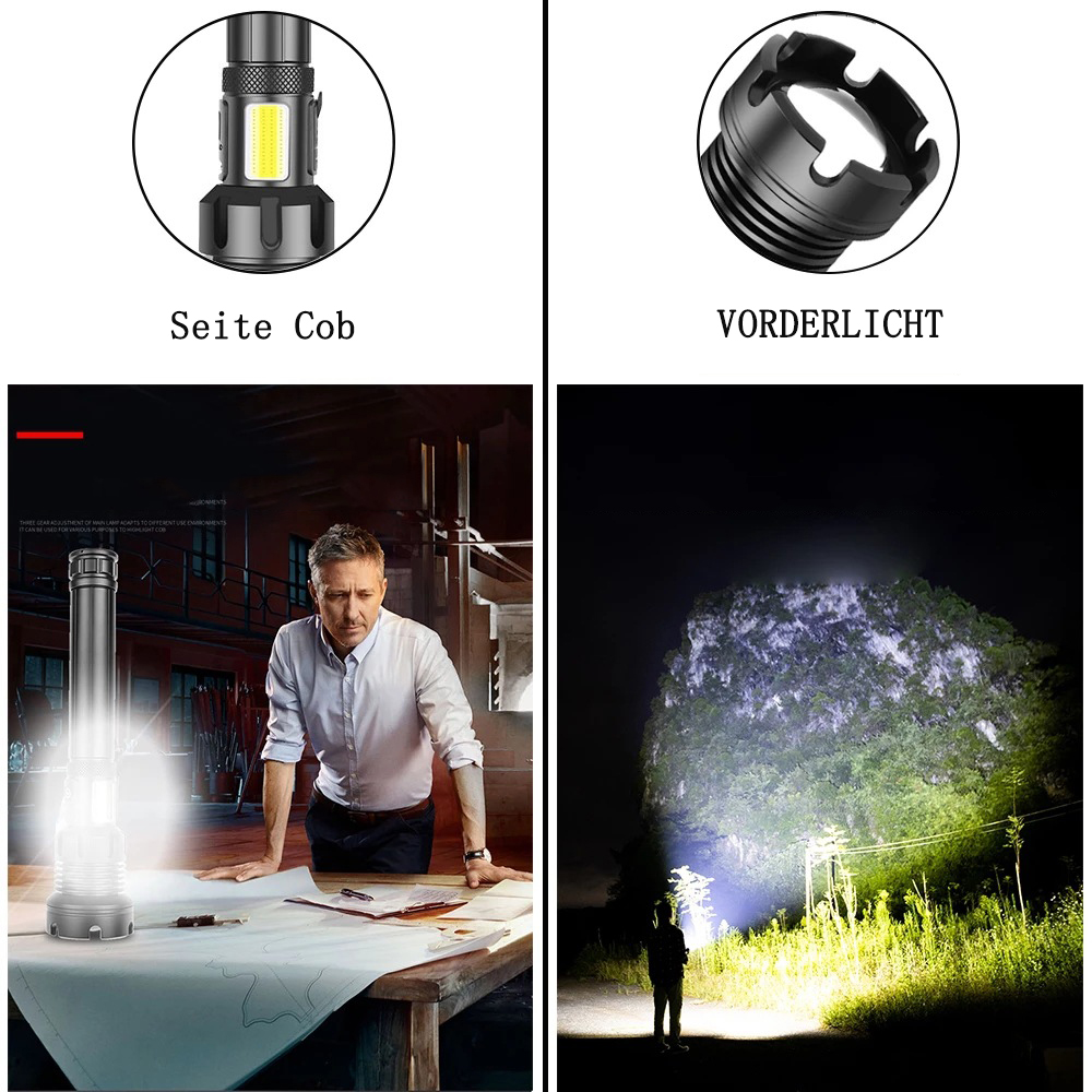 Taschenlampenkomponenten und ein Mann mit Karte. Eine beleuchtete Taschenlampe wird auf einen Berg projiziert.