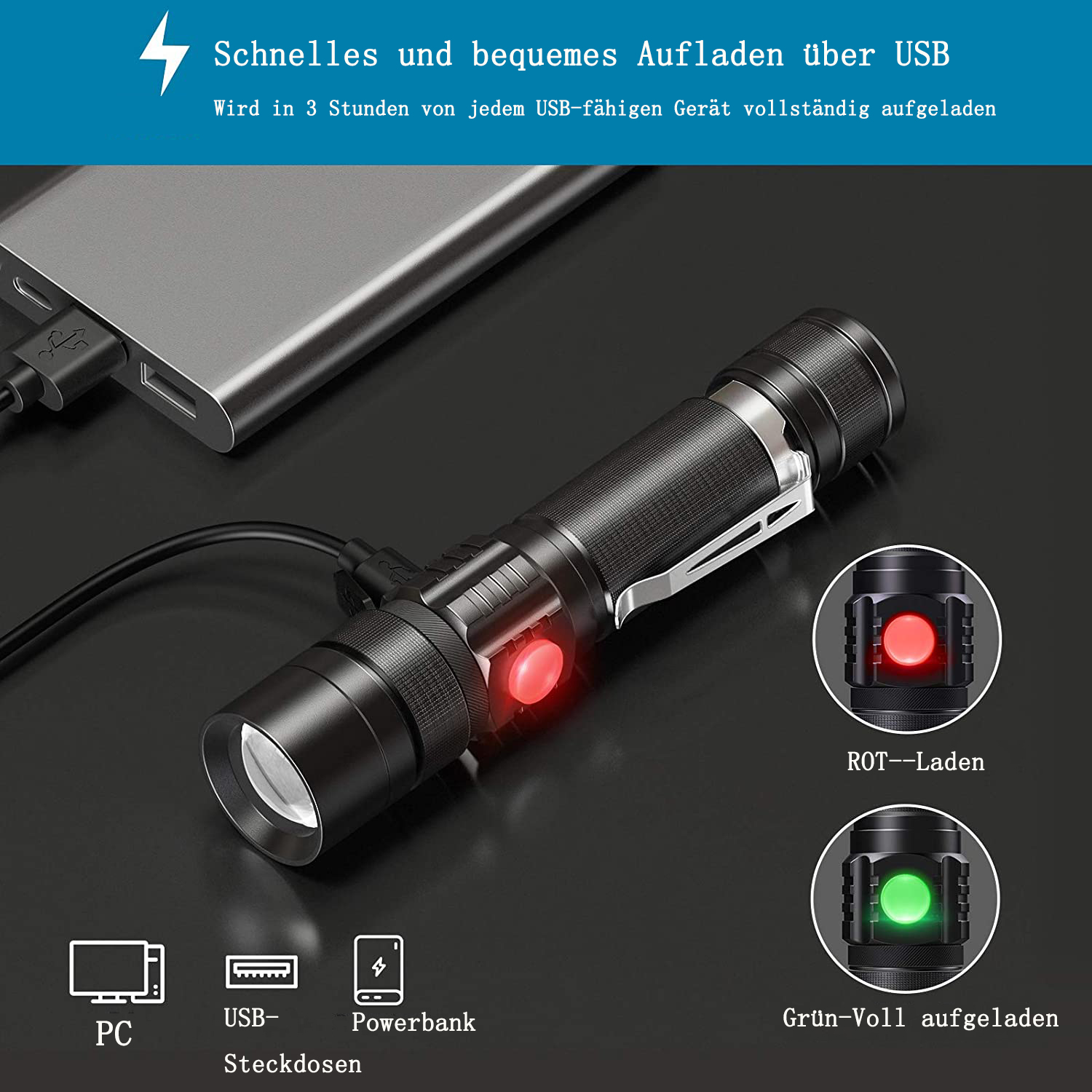 Schwarze Taschenlampe mit Beschreibungen. Eine Taschenlampe mit Lade- und Ladeanzeigen sowie einem Powerbank-Symbol.