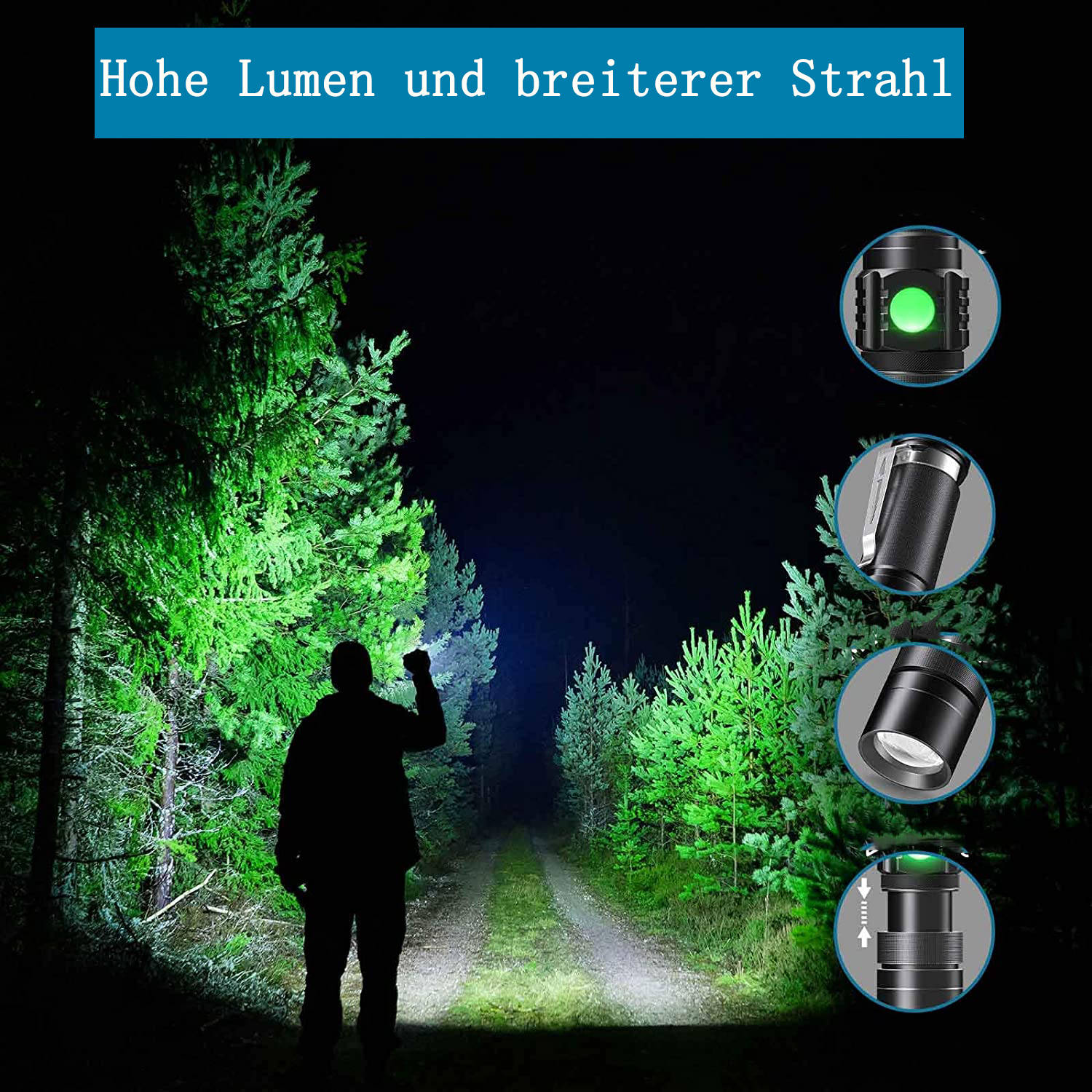 Eine Person im Wald bei Nacht leuchtet mit einer Taschenlampe. Text: hohe Lumen, breiter Strahl.