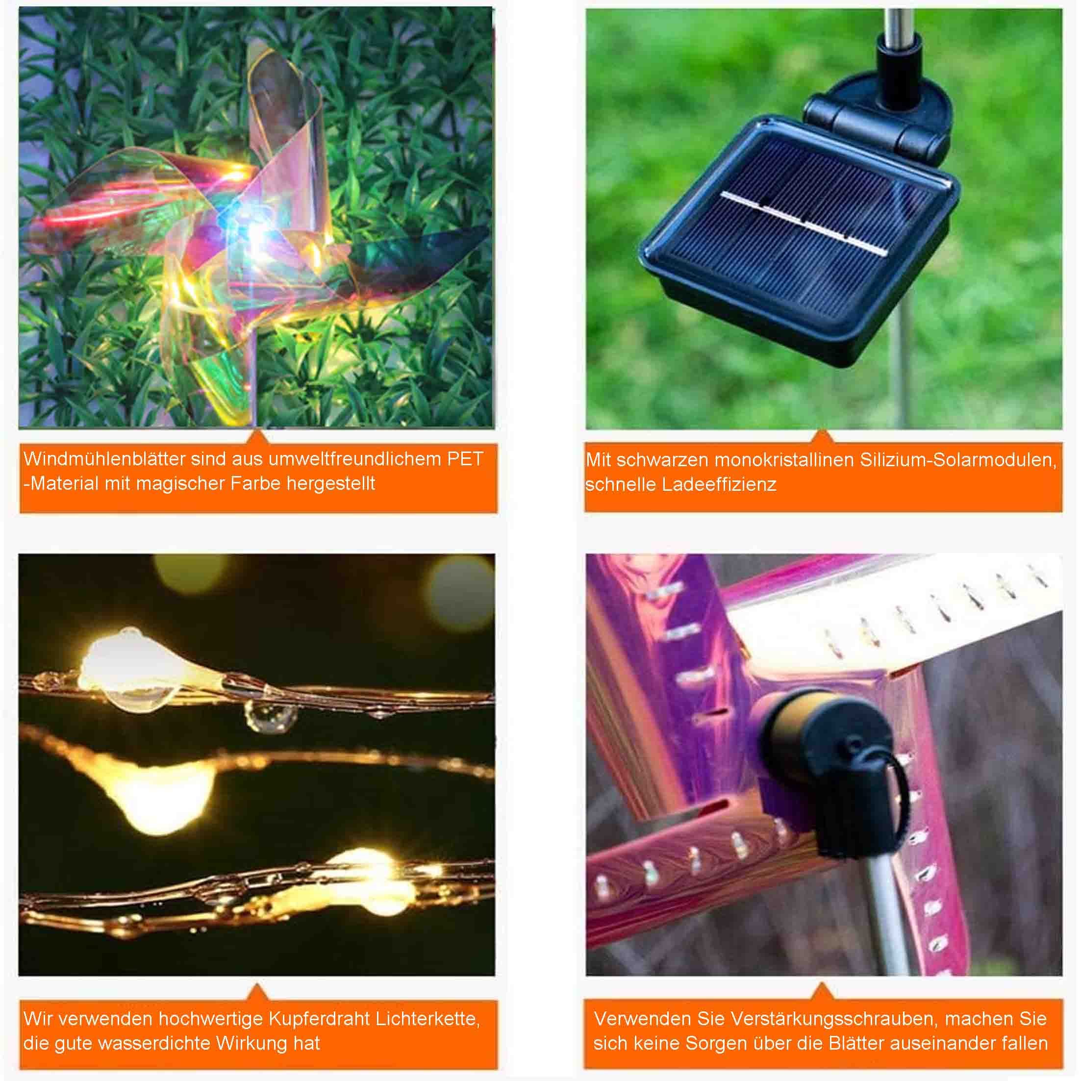 Nahaufnahme von solarbetriebenen Windspielen, die verschiedene Teile zeigen: Flügel, Solarpanel, Lichter.
