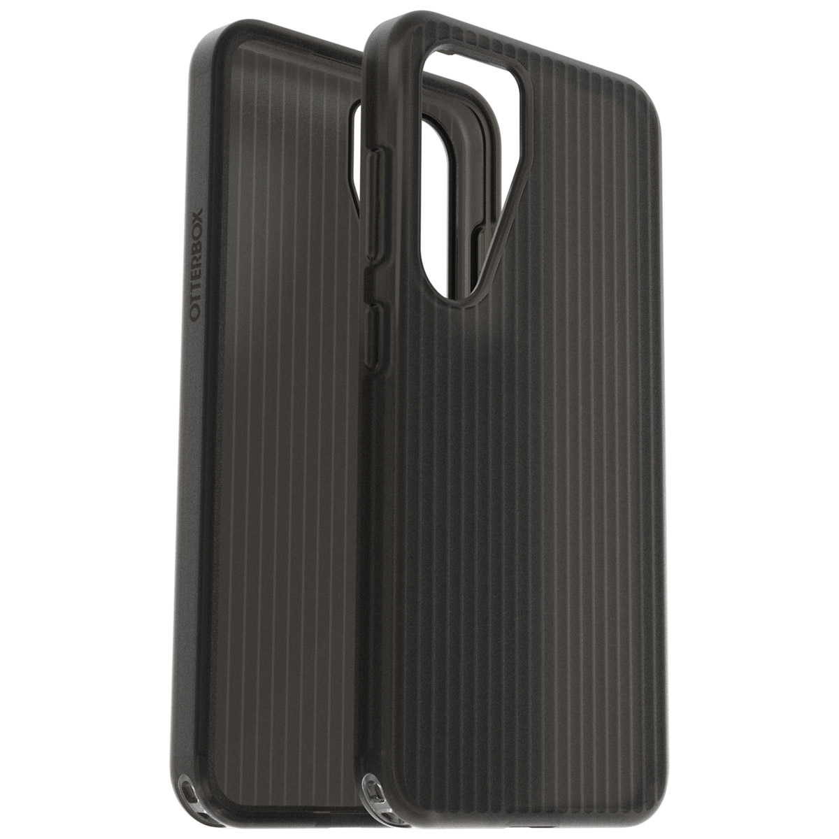 Zwarte Otterbox telefoonhoes, twee helften met geribbeld ontwerp.