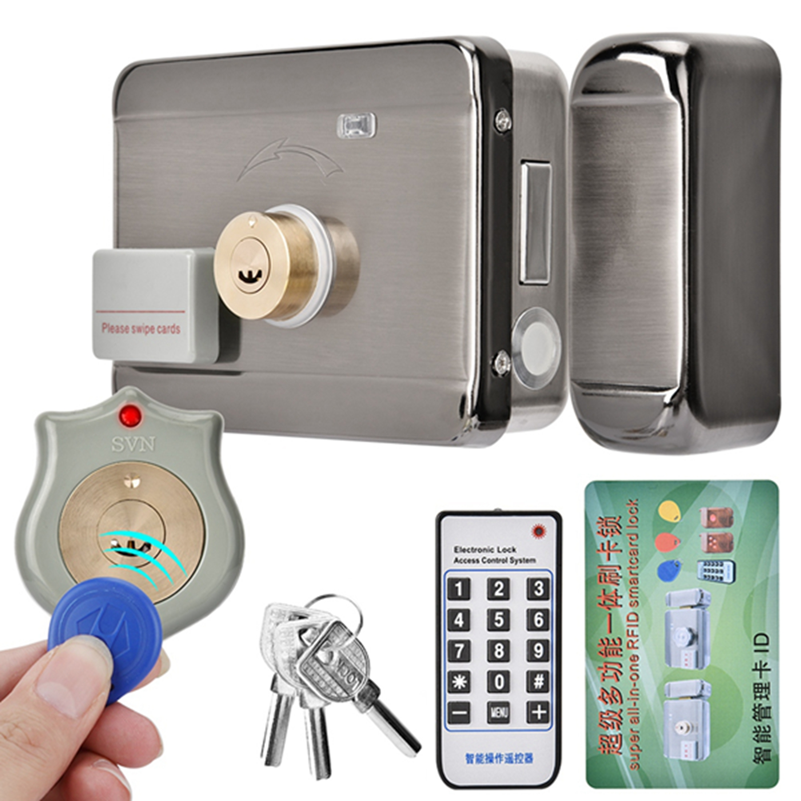 Ein intelligentes Türschloss mit Karten, Schlüsseln und einem Keypad zur Zutrittskontrolle.