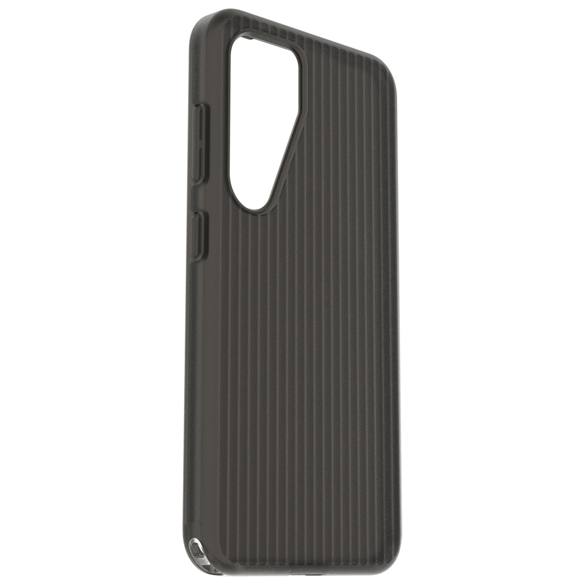 Een zwarte telefoonhoes met verticale lijnen en een gat voor de camera.