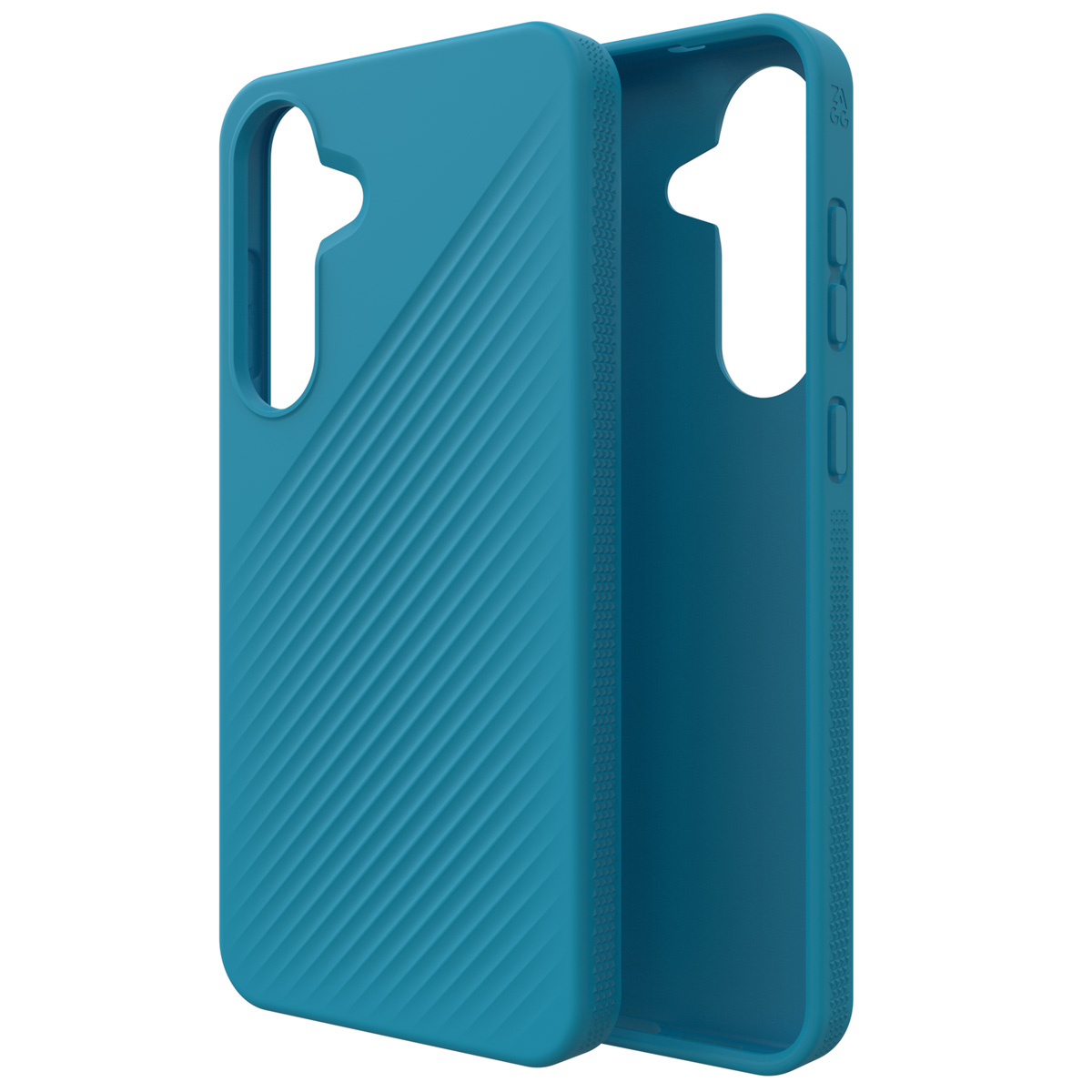 Coque de téléphone bleu-vert. Deux pièces, une ouverte. Lignes diagonales. Fond blanc.