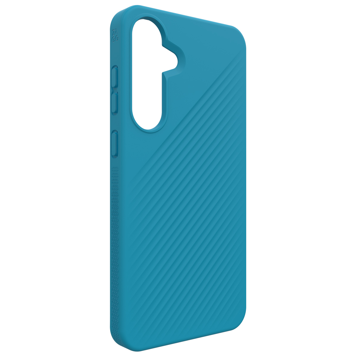Un étui de téléphone sarcelle avec des lignes diagonales et des ouvertures pour un téléphone.