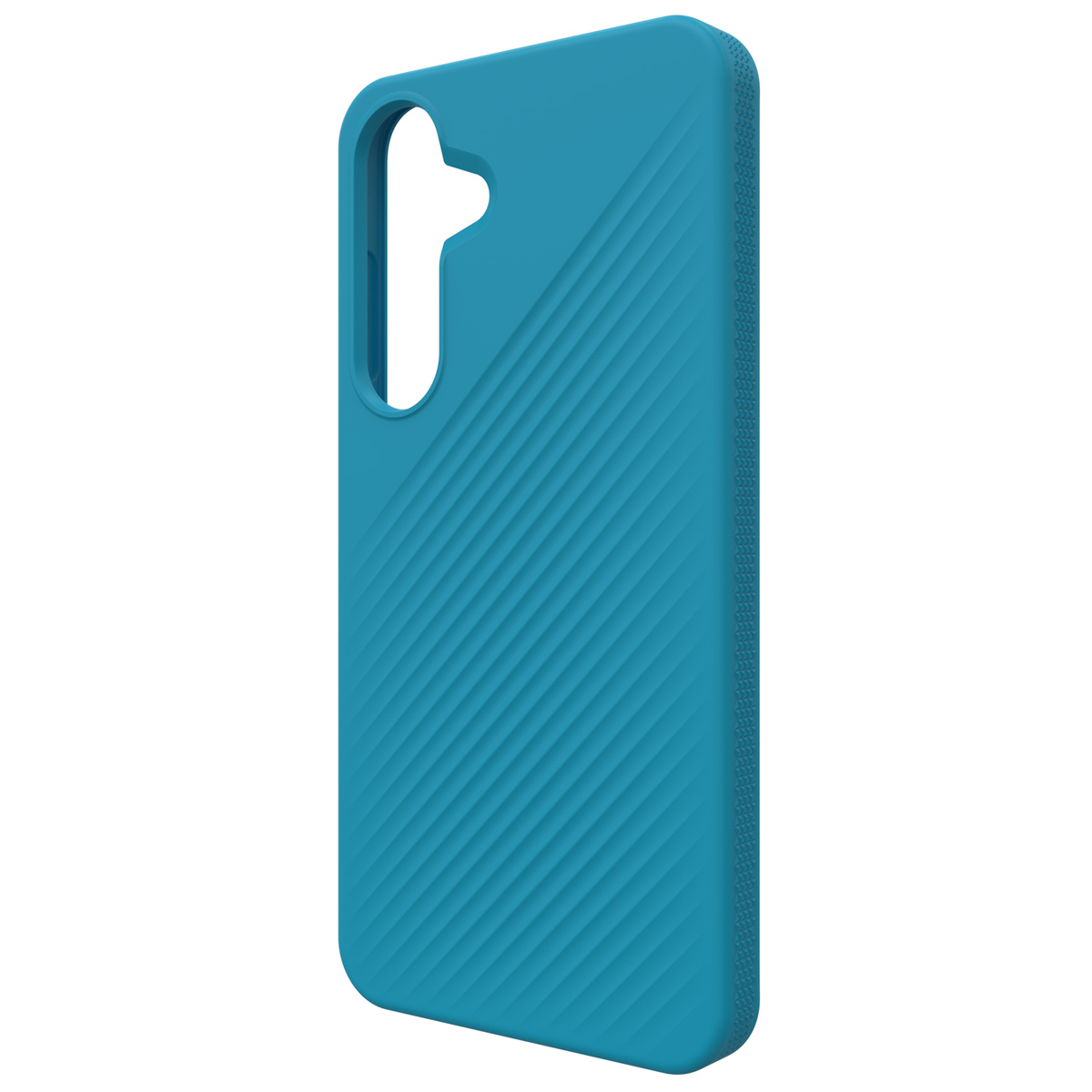 Coque bleue avec des lignes diagonales.