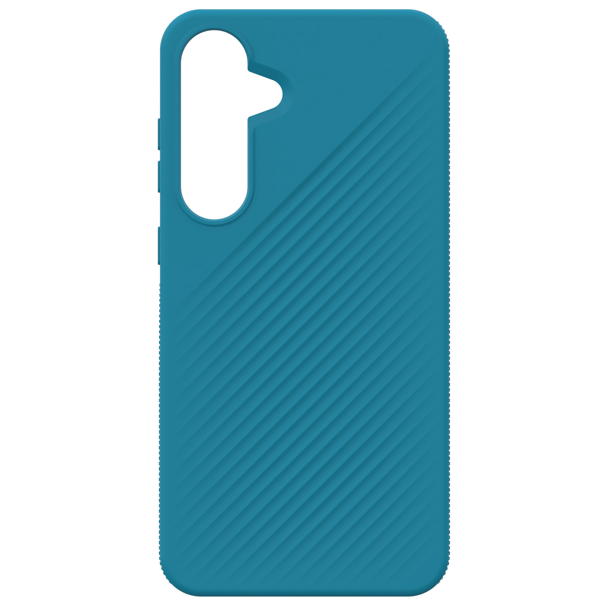 Coque de téléphone bleu-vert avec des lignes diagonales. Elle a un trou pour la caméra et des boutons latéraux.