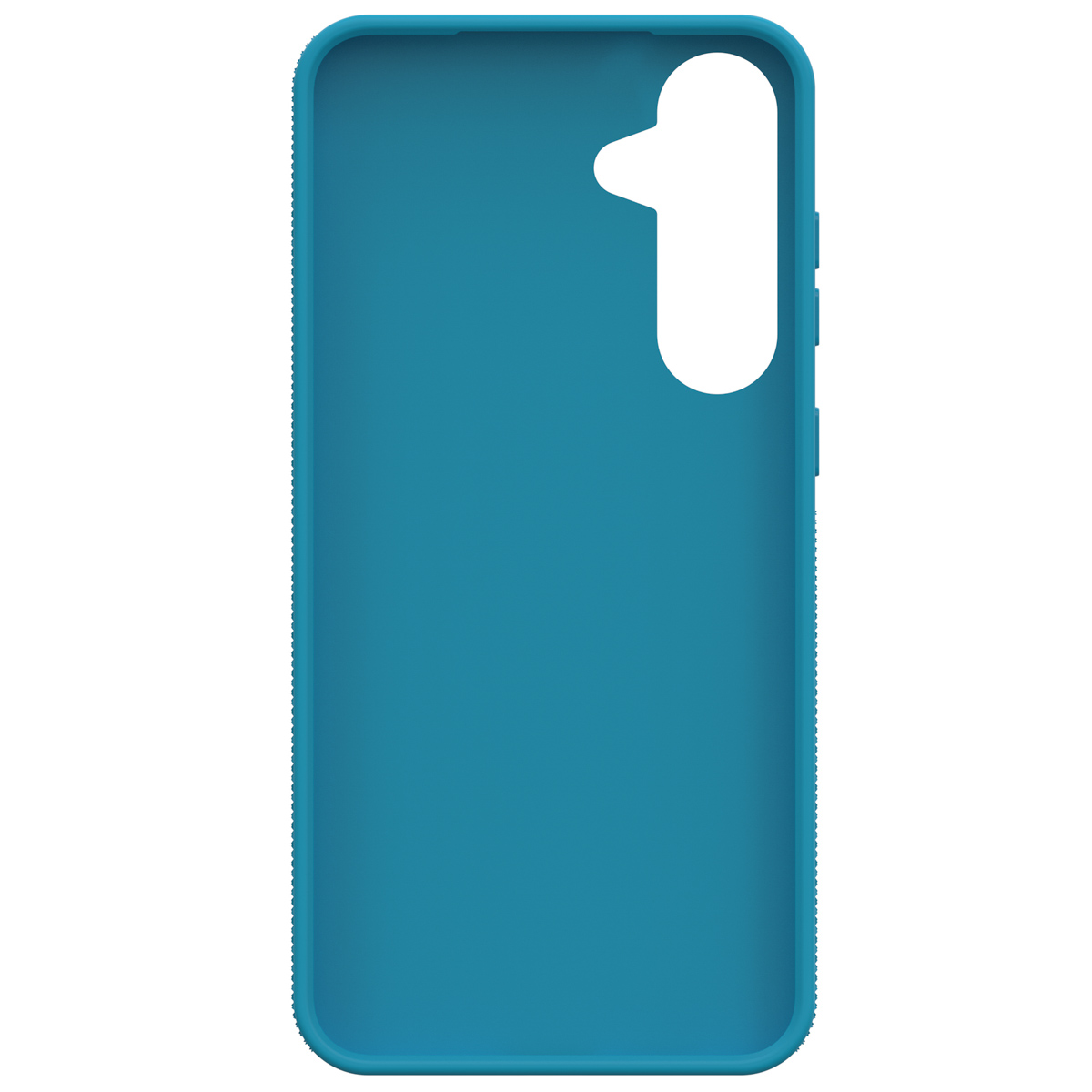 Coque de téléphone bleue avec une découpe pour la caméra sur fond blanc.