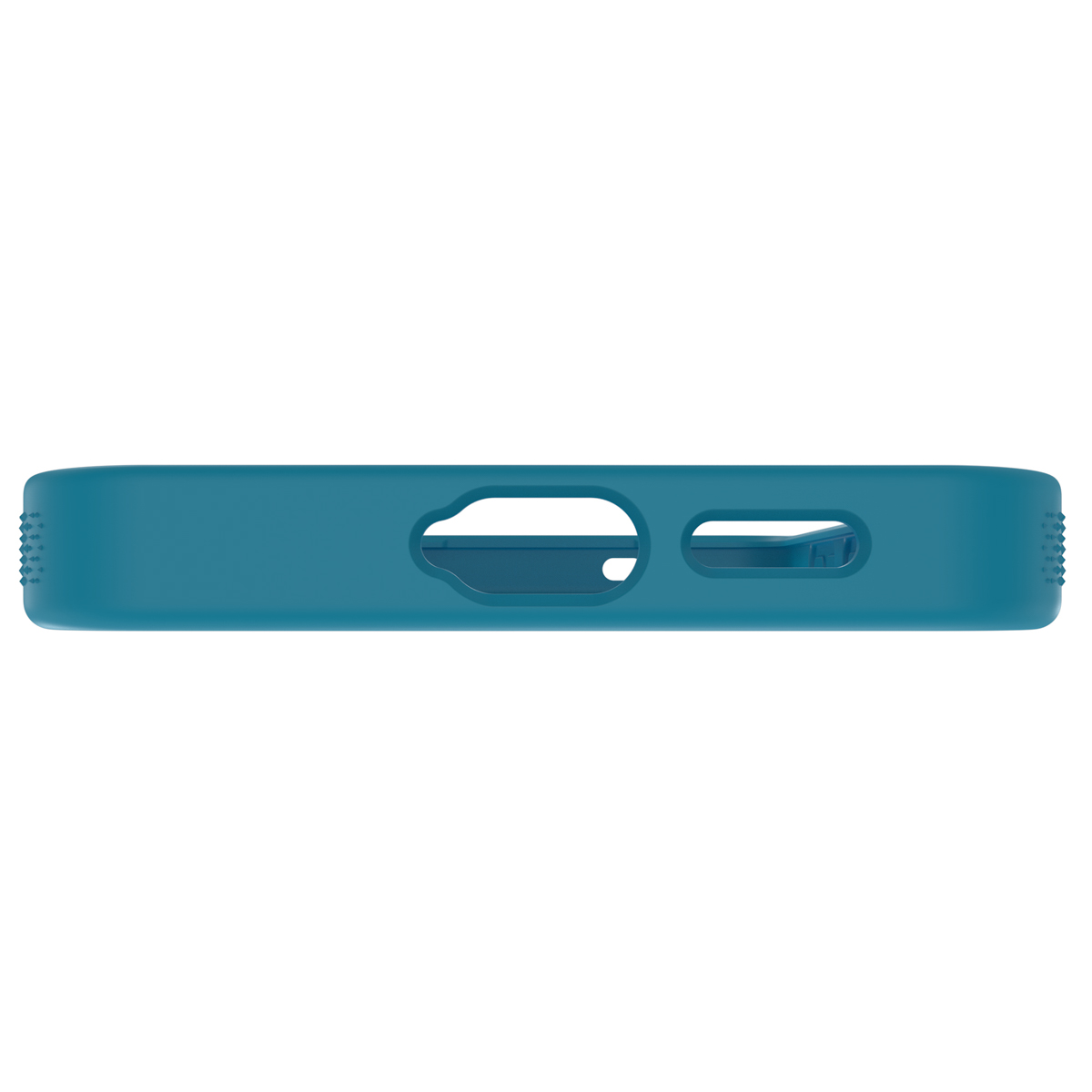 Coque de téléphone bleu-vert avec ouvertures. Fond blanc.