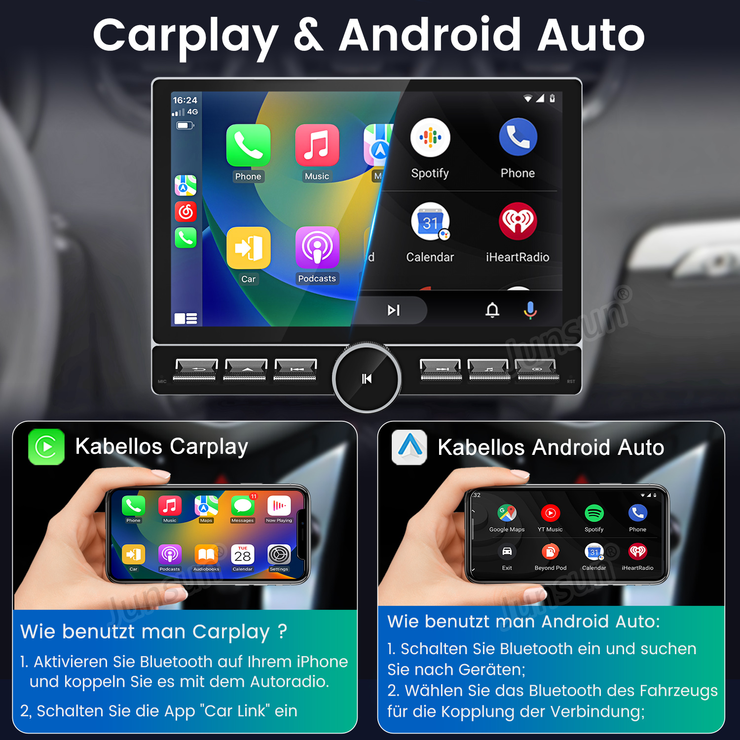 Interfejs Carplay i Android Auto w radiu samochodowym. Dwa telefony pokazują swoje interfejsy.