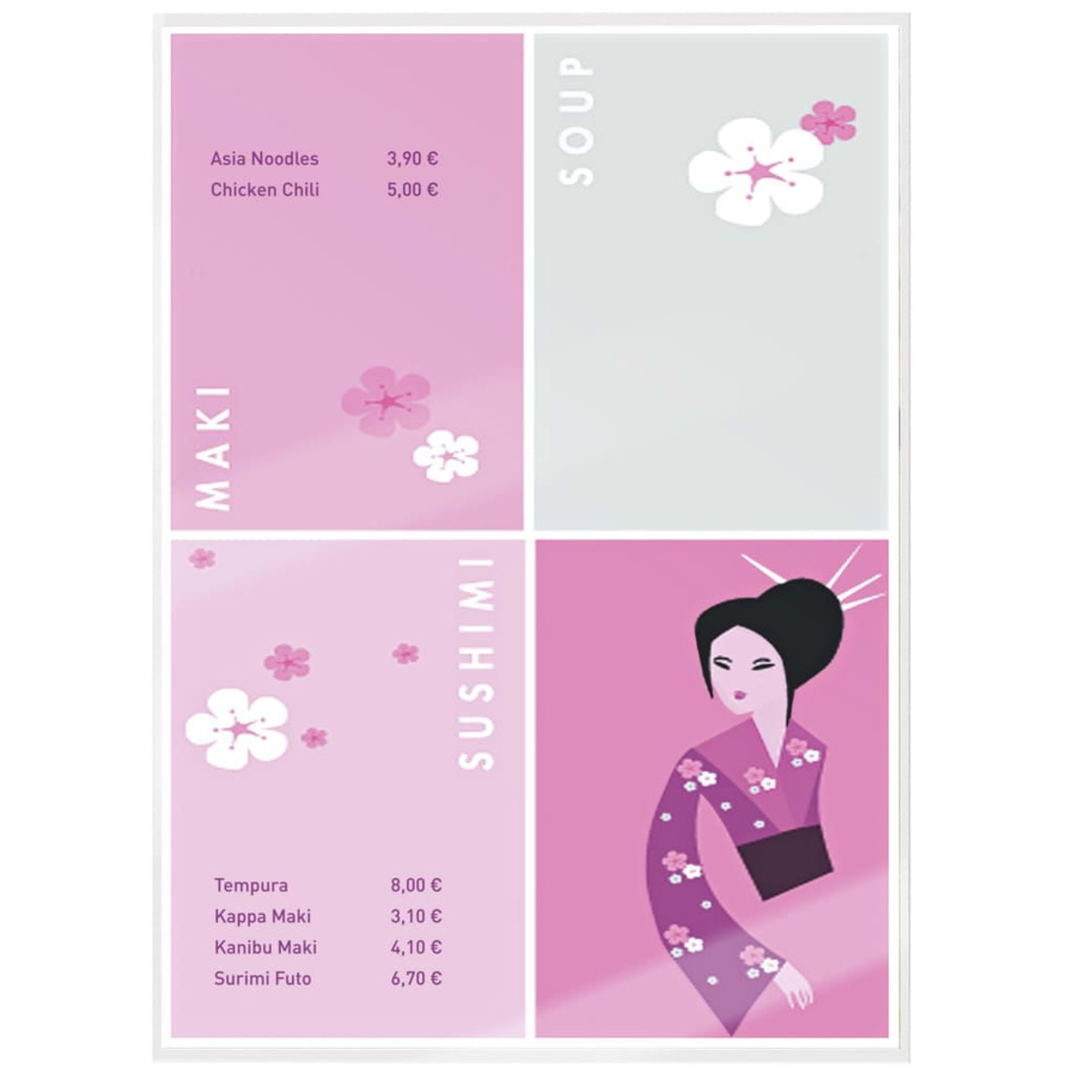 Ein rosa Menü mit Sushi- und Maki-Optionen, mit Illustrationen von Blumen und einer Geisha.