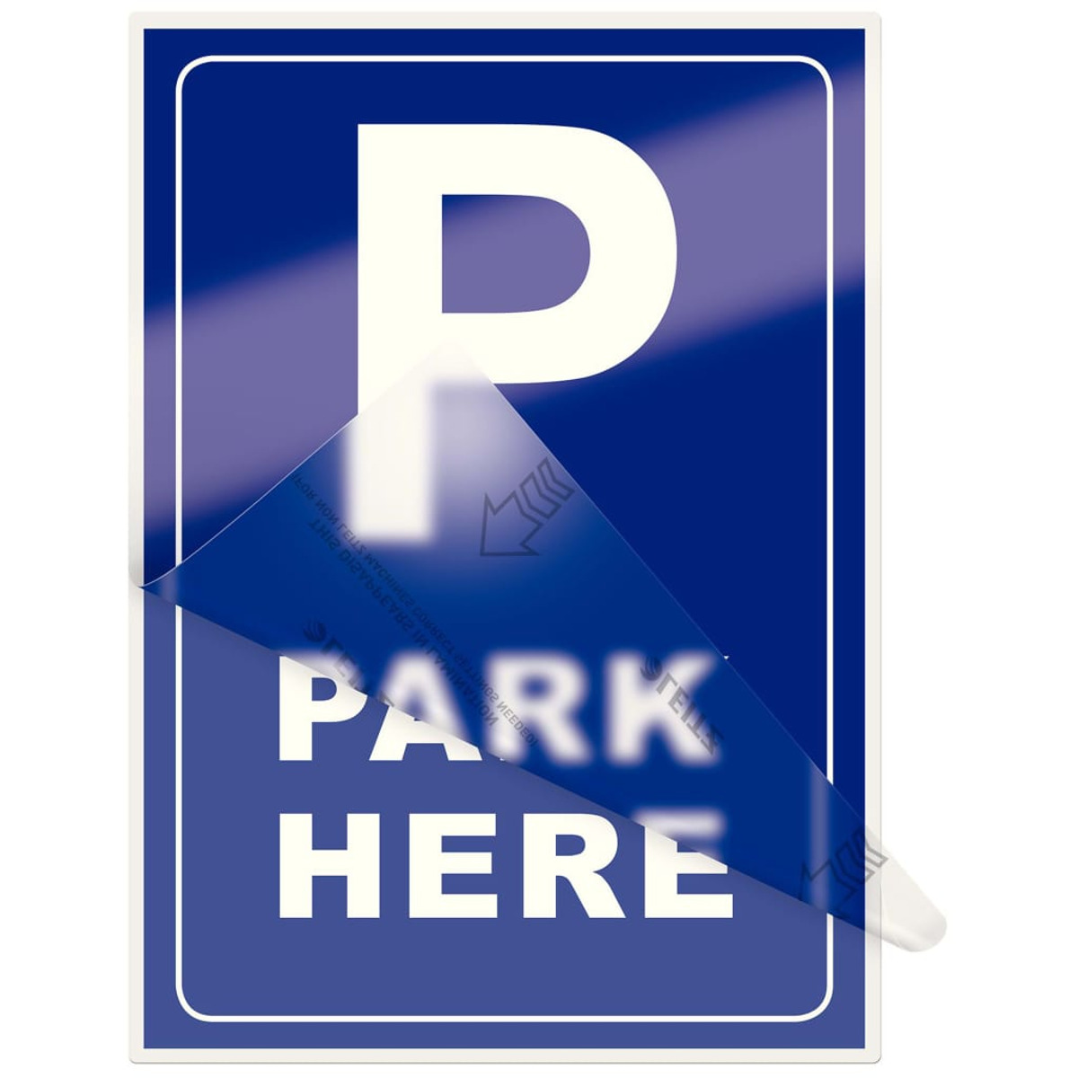 Blaues Parkschild mit weißem P und den Worten 'PARK HERE'.