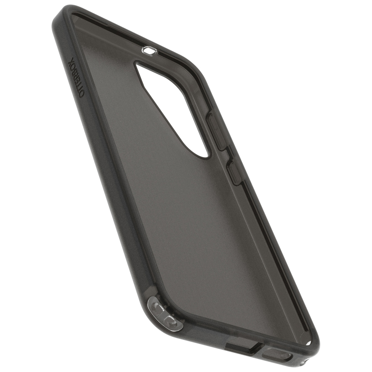 Coque de téléphone noire, marque Otterbox, vue en angle.