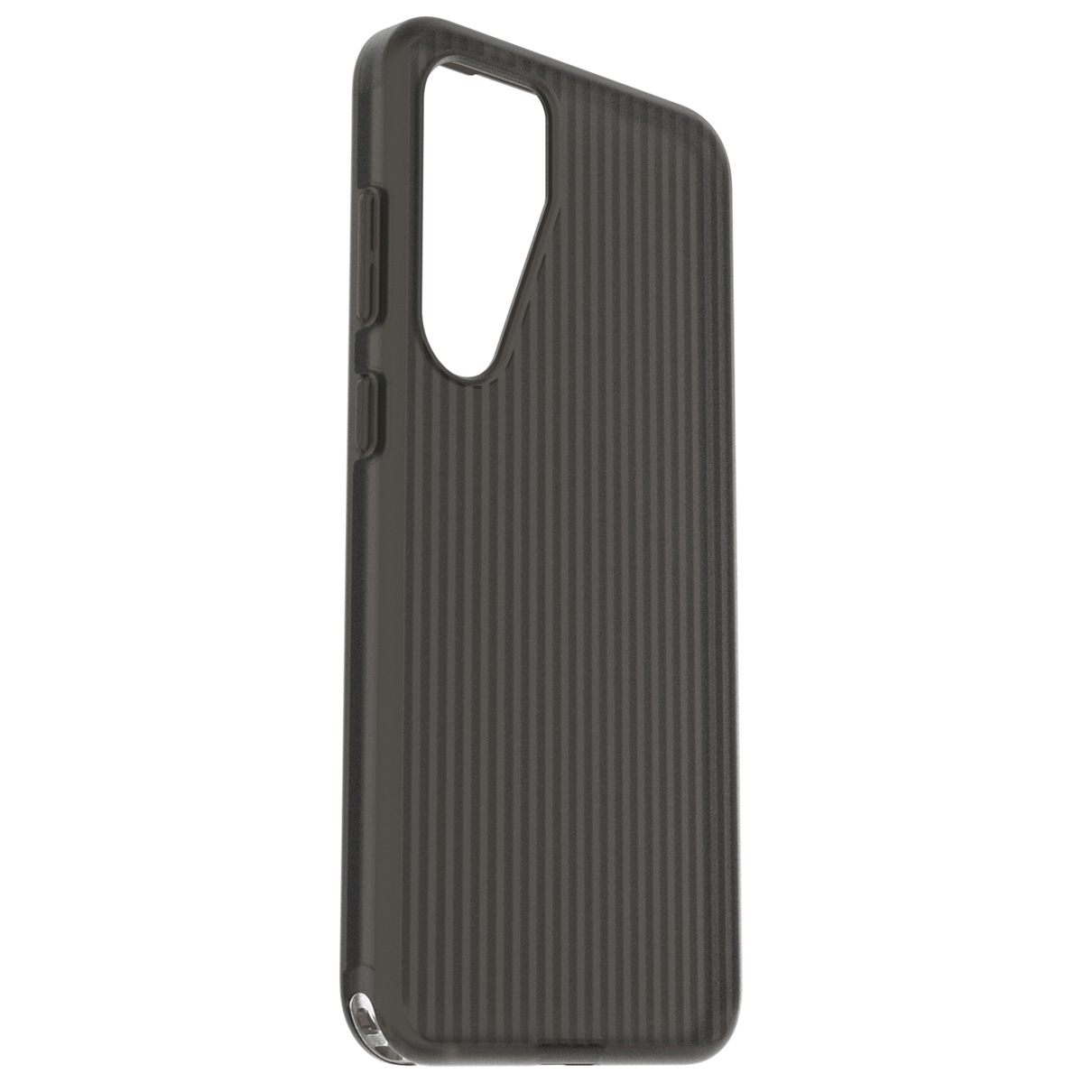Coque de téléphone noire avec des lignes verticales et des découpes pour caméra, boutons et ports. La coque est opaque.