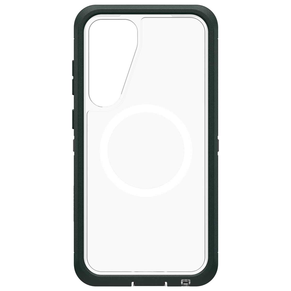 Zwarte en doorzichtige telefoonhoes, met een camera-uitsparing en een magnetische ring.