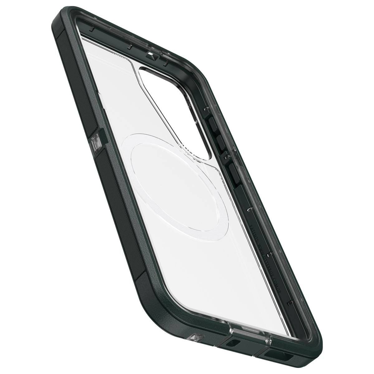 Donkergroene telefoonhoes. Schuine weergave. Doorzichtig van binnen. Zwart frame.