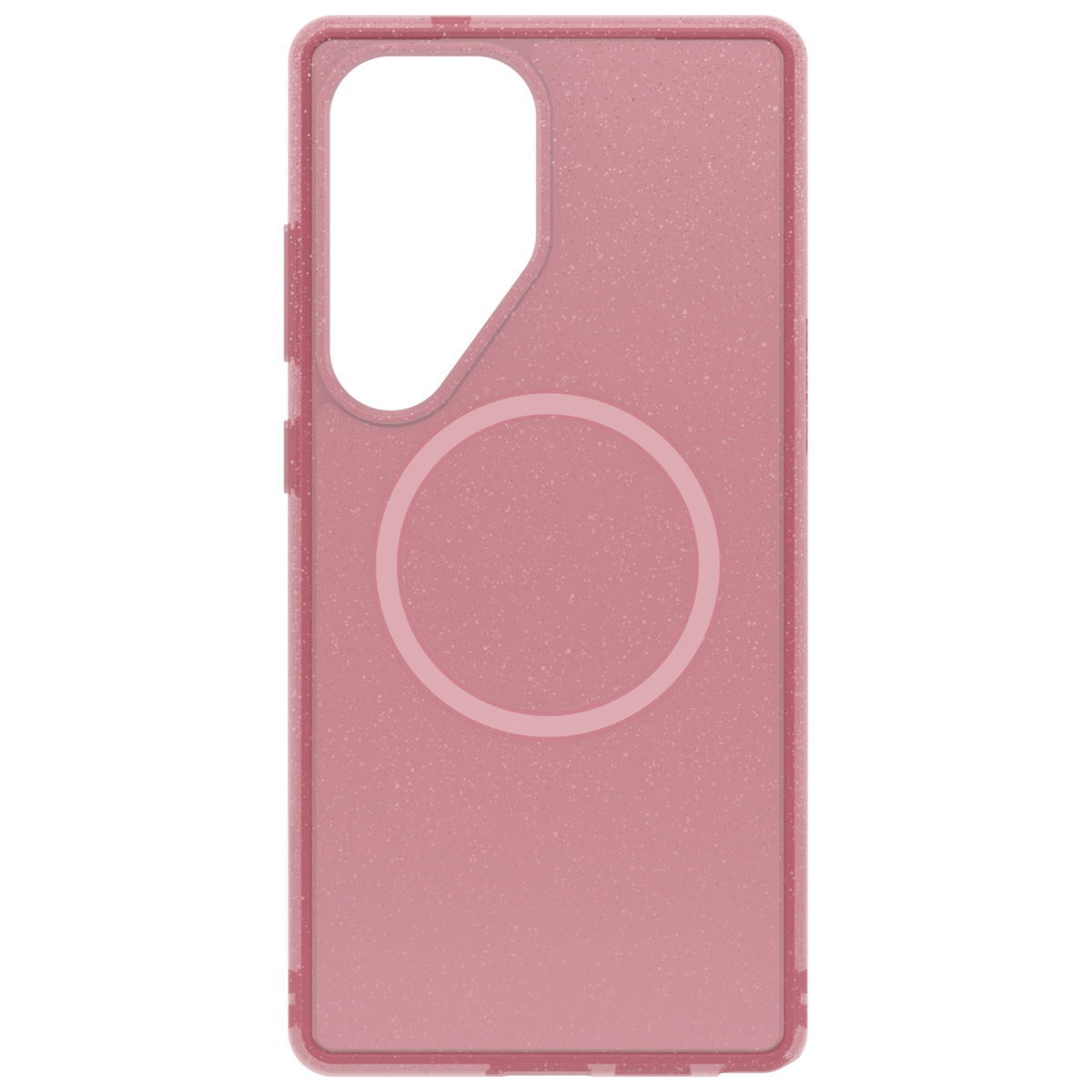 Een roze telefoonhoes met een cirkel in het midden. De hoes is voor een telefoon.