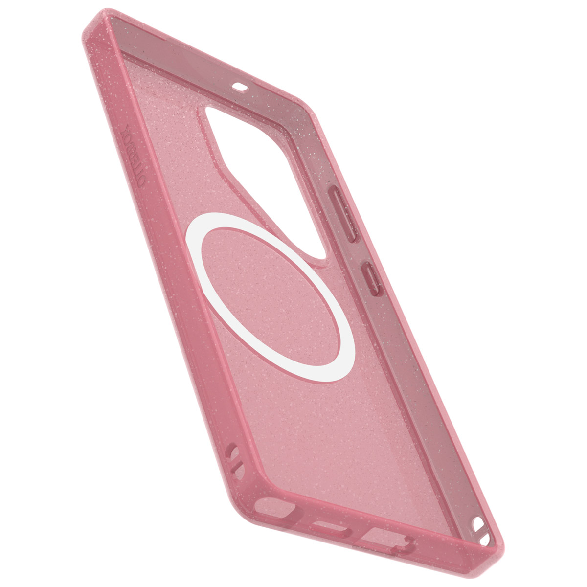Roze telefoonhoesje met een witte cirkel en een camera-uitsparing. De hoes heeft een glitterende uitstraling.