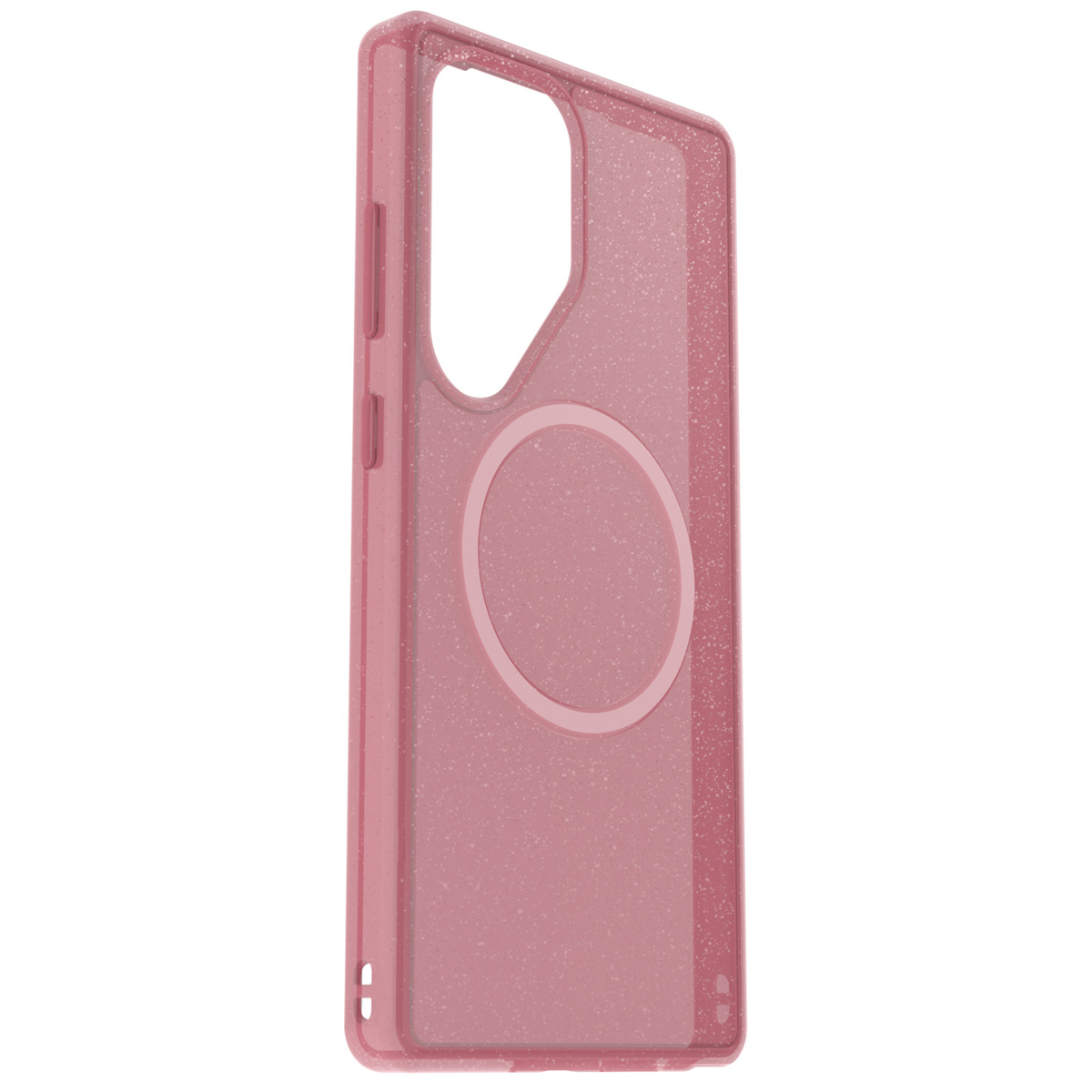 Roze telefoonhoes met een witte magnetische ring en een camera-uitsparing, met een witte achtergrond.