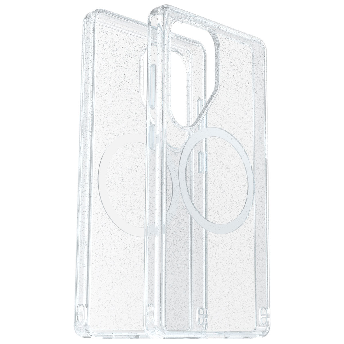 Coques de téléphone transparentes avec effet paillettes, empilées.