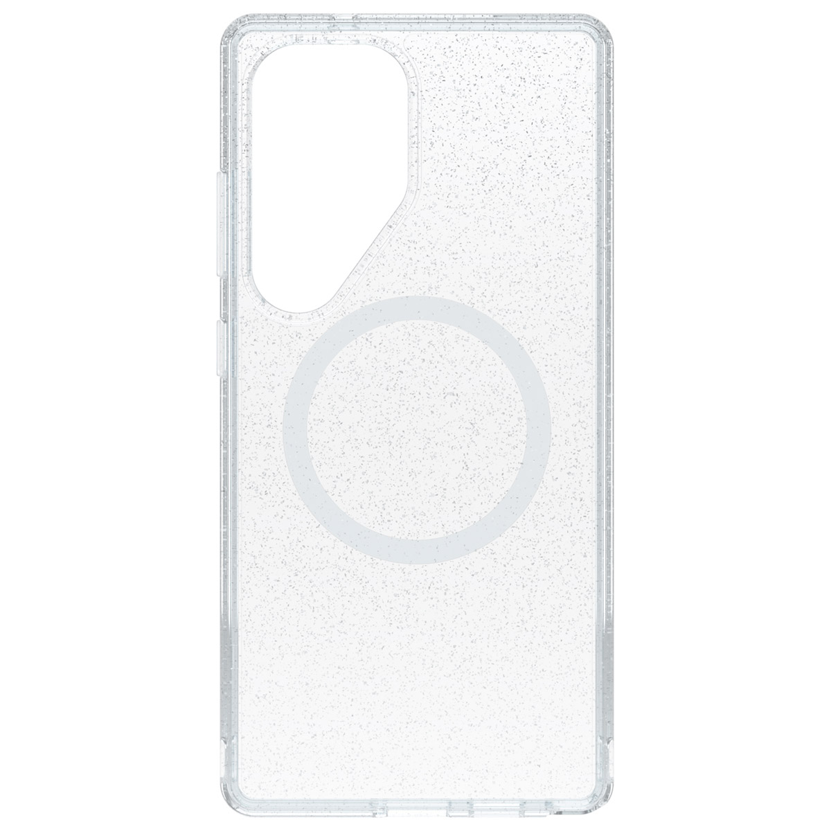 Coque de téléphone transparente avec paillettes. Trou pour caméras. Anneau transparent. Blanc.