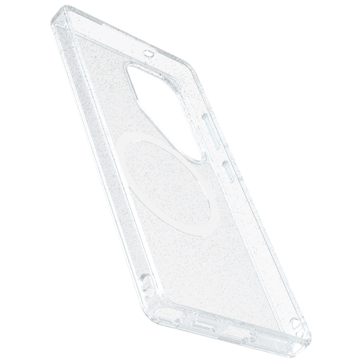 Coque de téléphone transparente avec paillettes, vue en angle. Montre les découpes de caméra et de boutons.