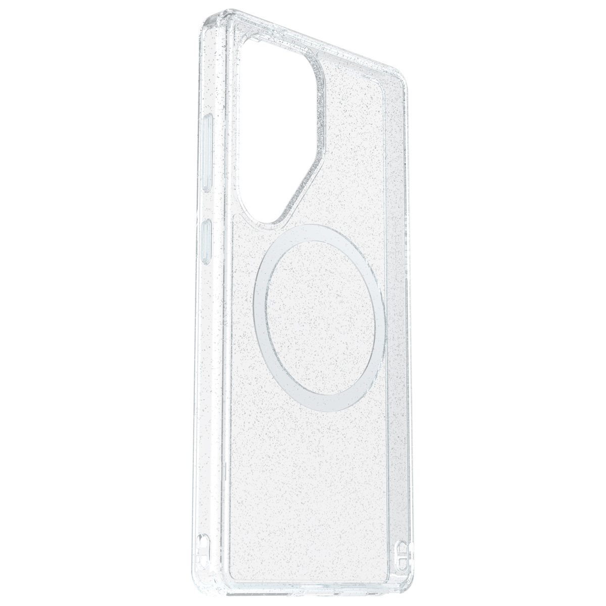 Coque de téléphone transparente à paillettes avec un cercle pour magsafe. Le fond est blanc.