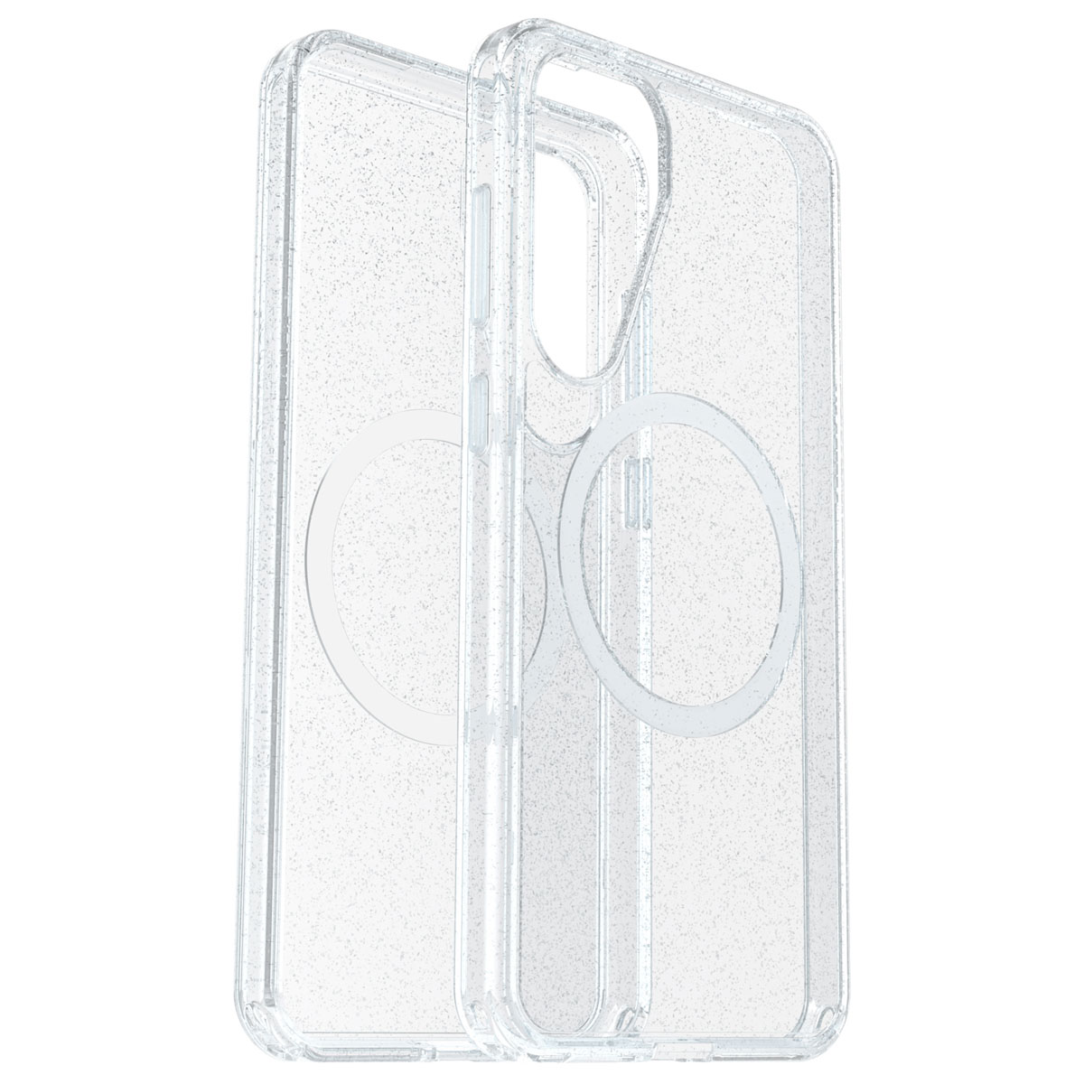 Transparante telefoonhoes, open, met een cirkelvormige magnetische ring en een glitterachtig uiterlijk.