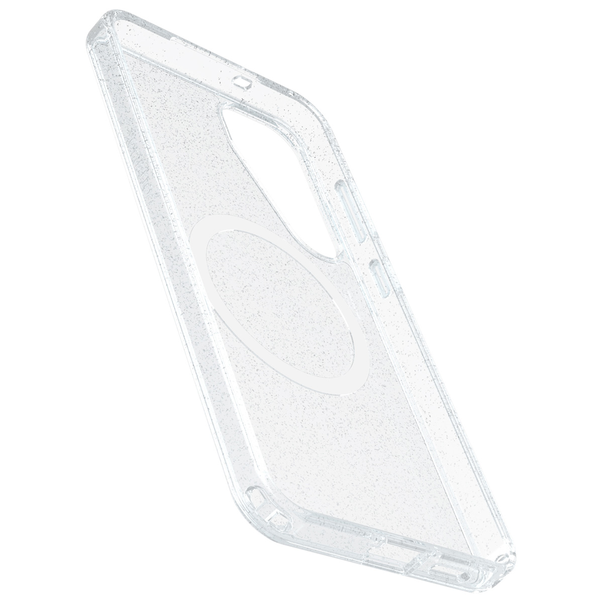 Transparante telefoonhoes met een glitterontwerp en een magnetische ring.