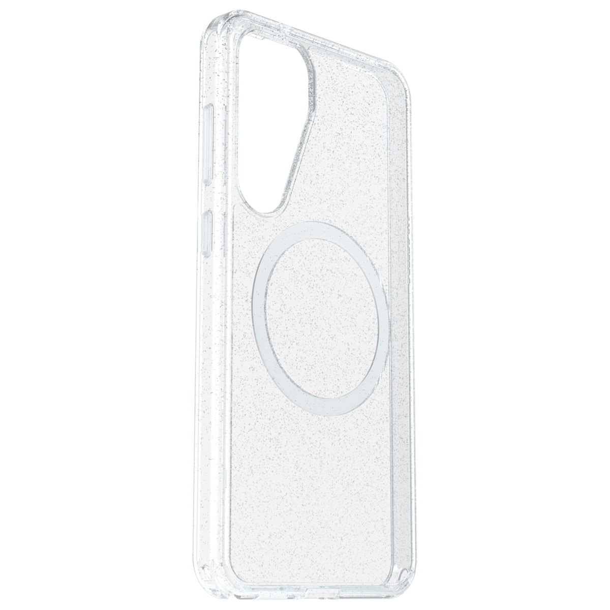 Transparante telefoonhoes met cirkelvormige magneet in het midden. Glanzend, transparant.