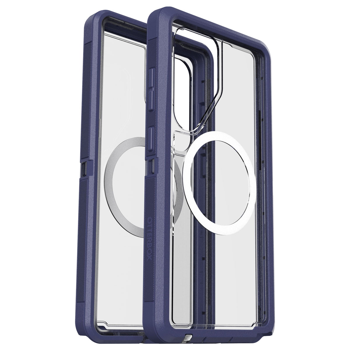 Twee telefoonhoesonderdelen. Blauw frame, transparante voorkant, witte cirkel binnenin, zijaanzicht.