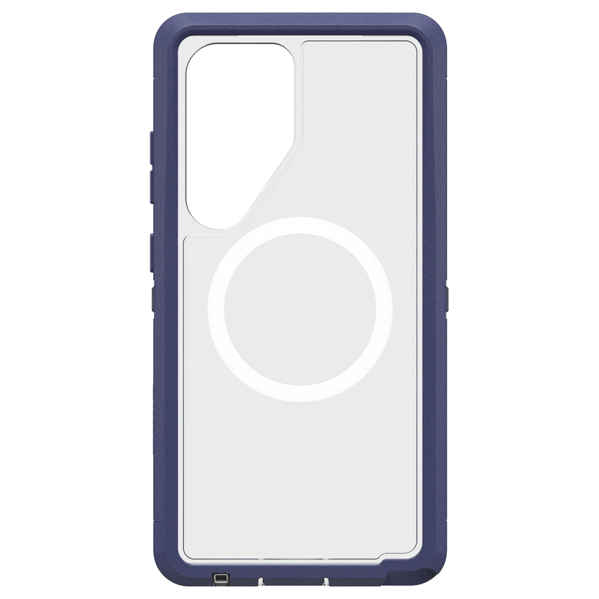 Blauwe en transparante telefoonhoes, met witte binnenkant.
