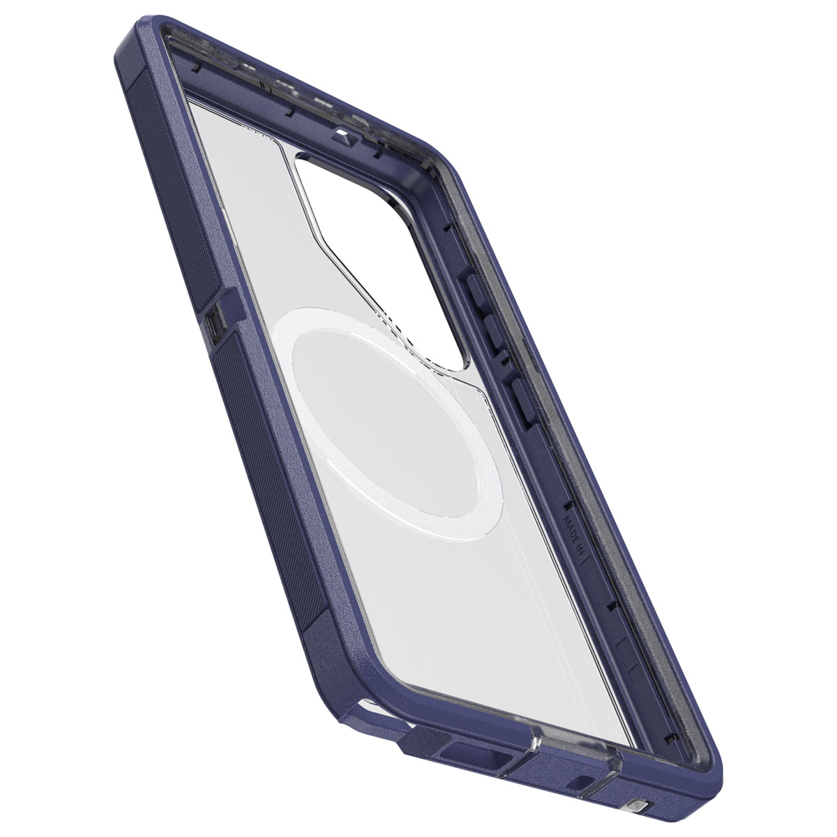 Marineblauwe telefoonhoes met een doorzichtige achterkant, magsafe cirkel en een marineblauw frame.