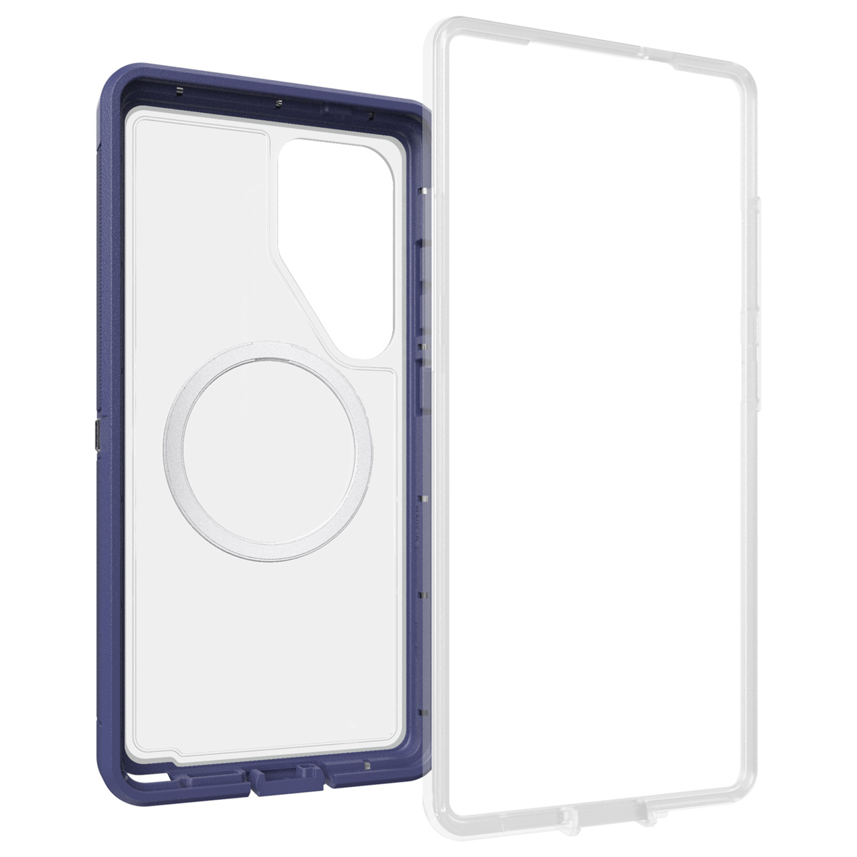 Telefoonhoesje met een blauw frame en een transparante achterkant. De hoes bestaat uit twee delen, één los.