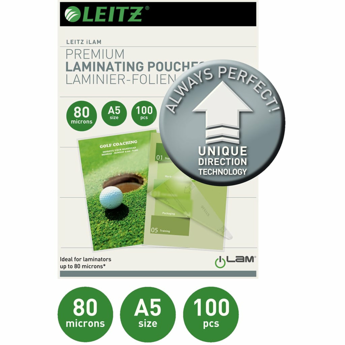 Leitz A5 Laminierfolien-Verpackung. Zeigt 80 Mikron, A5-Größe und 100 Stück.