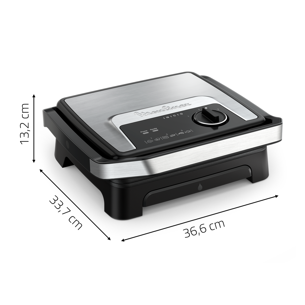Srebrny i czarny grill Moulinex. Z przodu znajduje się panel sterowania.