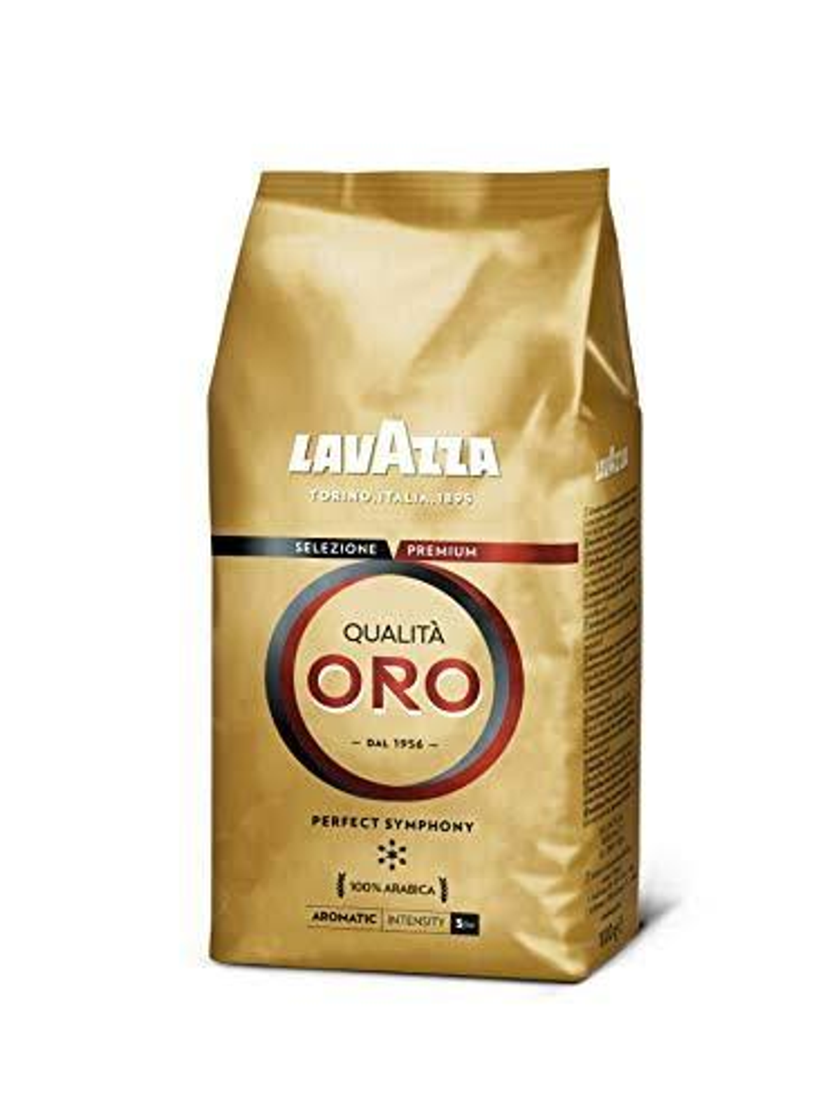 Złoty worek z kawą z marką Lavazza. Widnieje na nim napis 'Qualita Oro' i '100% Arabica'.